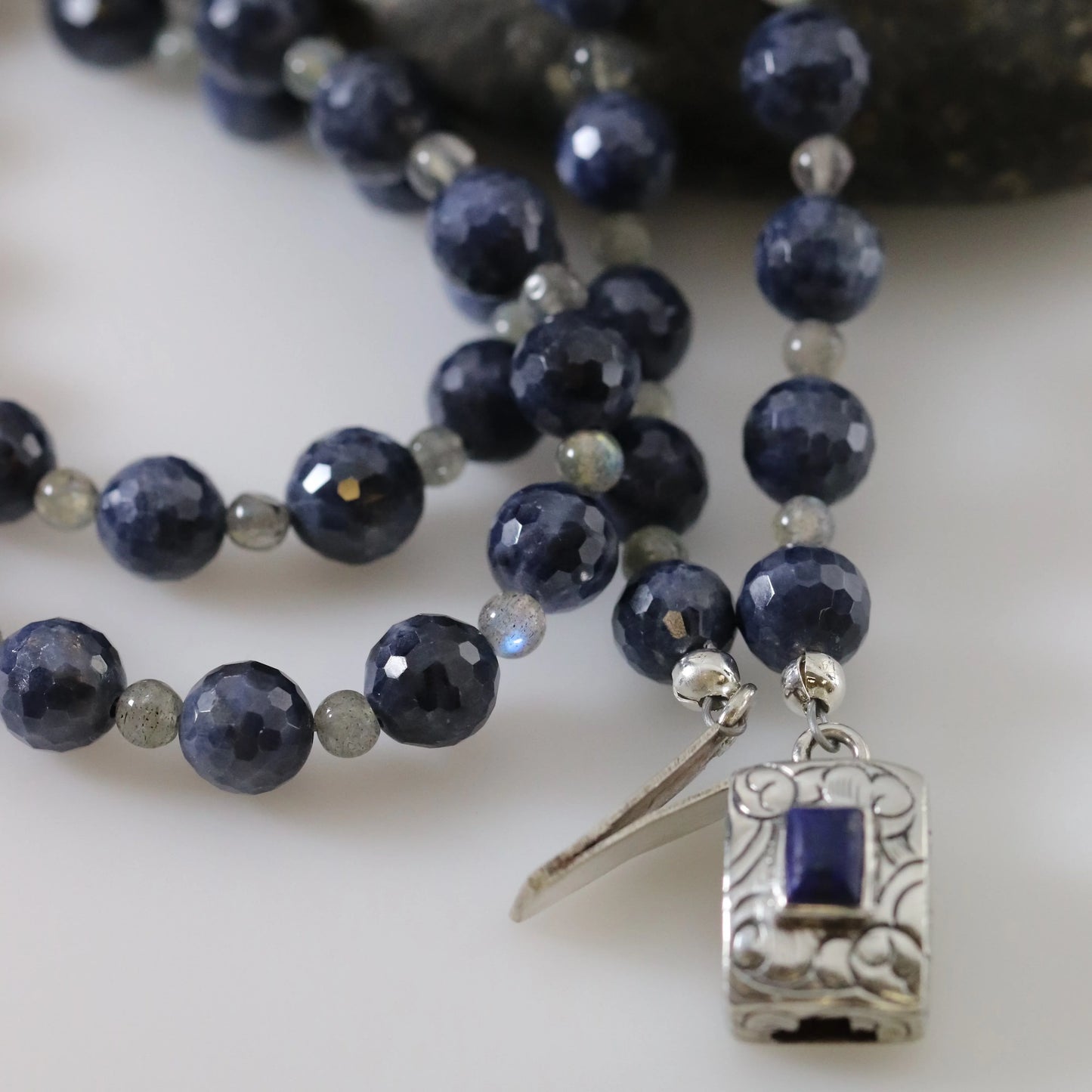 Vintage Silver Jewlry | Long Sapphire Labradorite Beaded Necklace - Carmel Fine Silver Jewelry