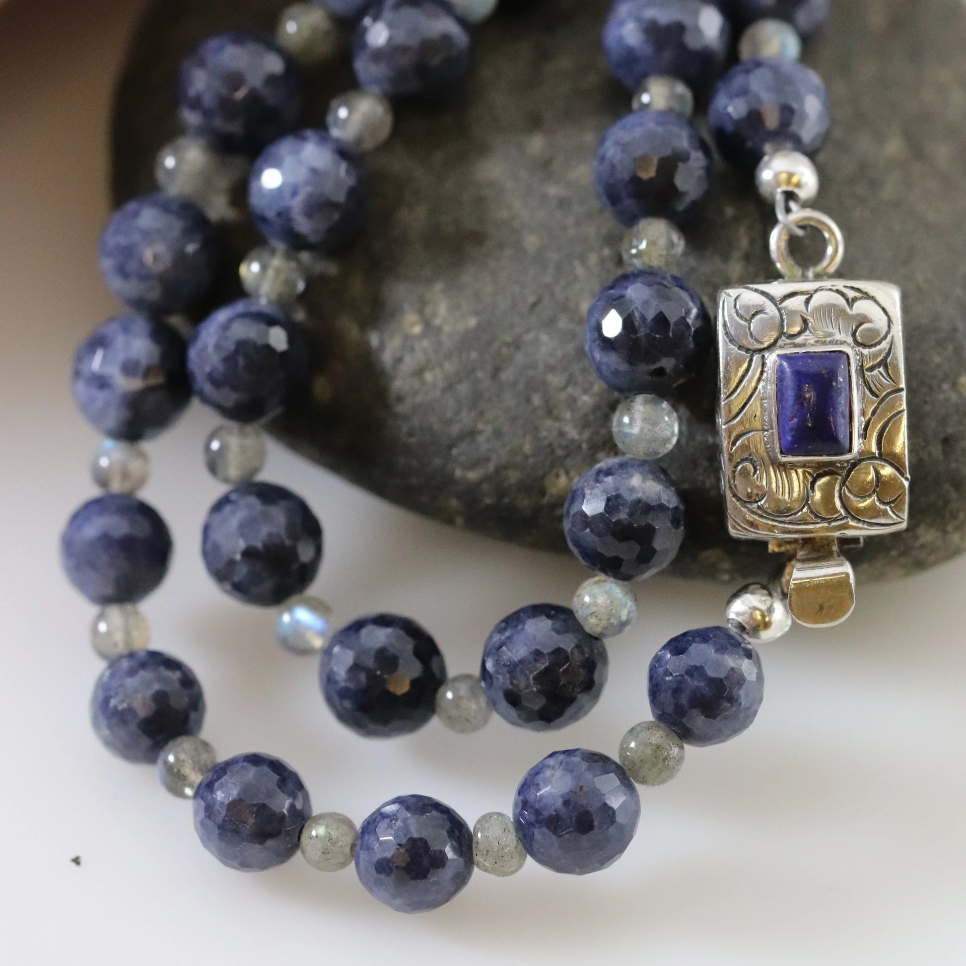 Vintage Silver Jewlry | Long Sapphire Labradorite Beaded Necklace - Carmel Fine Silver Jewelry