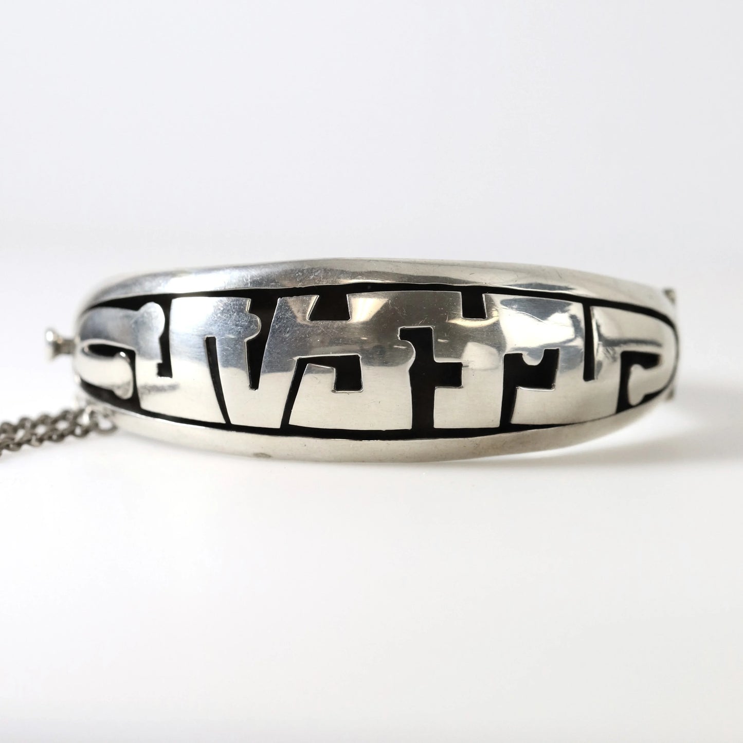 Vintage Silver Mexican Jewelry | Tribal Hinged Handcrafted Bracelet with Safety - Carmel Fine Silver Jewelry