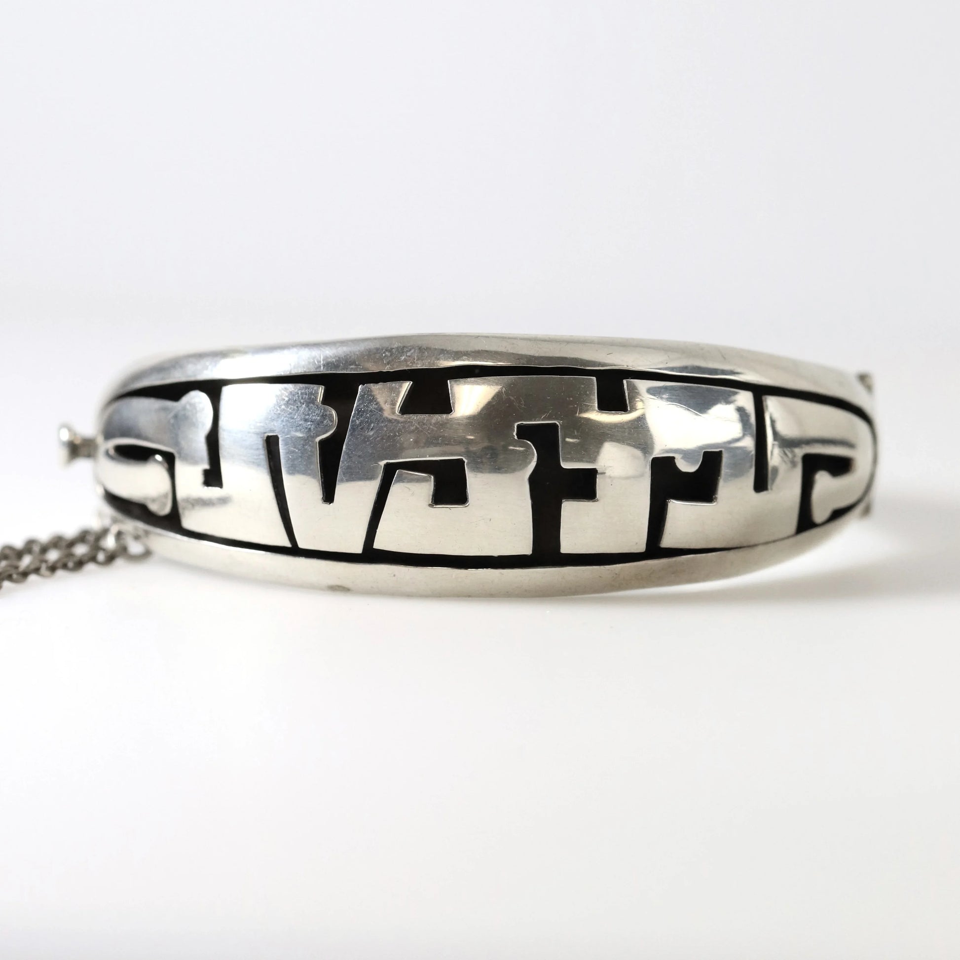 Vintage Silver Mexican Jewelry | Tribal Hinged Handcrafted Bracelet with Safety - Carmel Fine Silver Jewelry