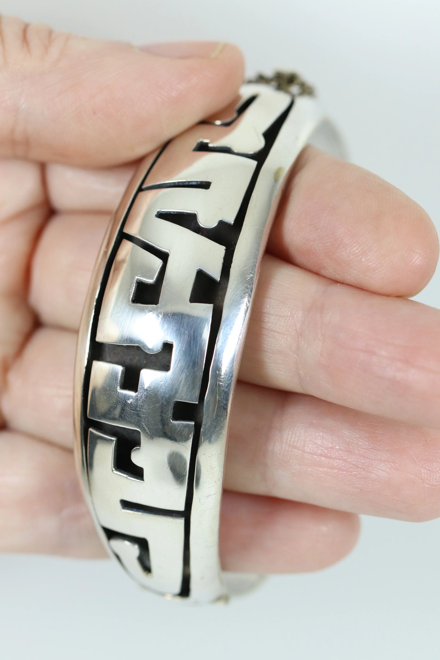 Vintage Silver Mexican Jewelry | Tribal Hinged Handcrafted Bracelet with Safety - Carmel Fine Silver Jewelry