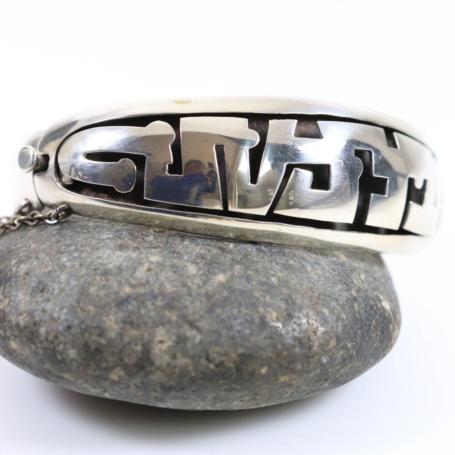 Vintage Silver Mexican Jewelry | Tribal Hinged Handcrafted Bracelet with Safety - Carmel Fine Silver Jewelry