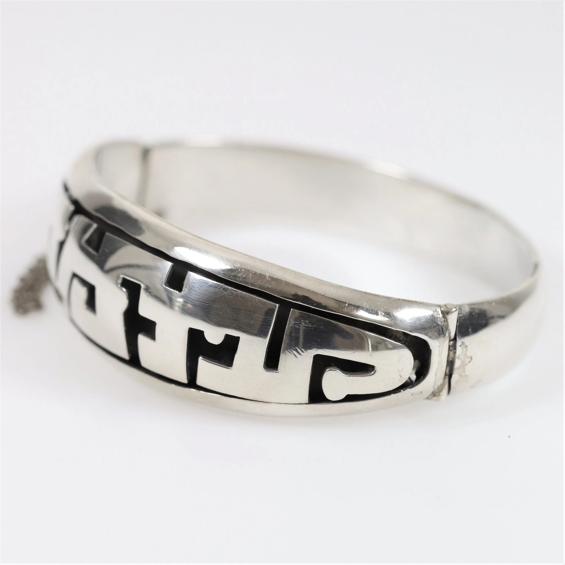 Vintage Silver Mexican Jewelry | Tribal Hinged Handcrafted Bracelet with Safety - Carmel Fine Silver Jewelry