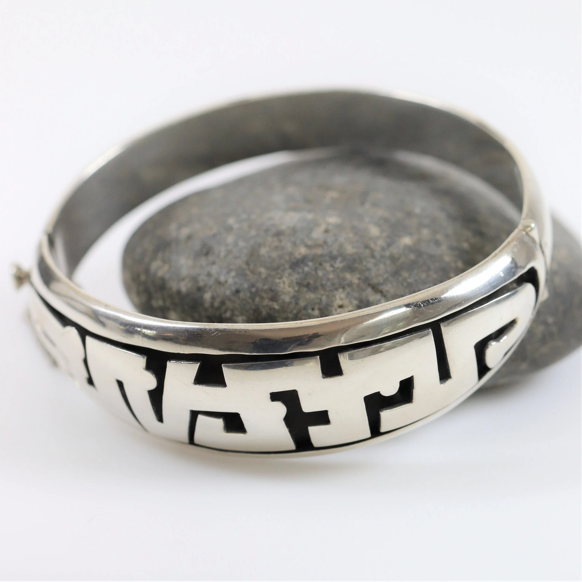 Vintage Silver Mexican Jewelry | Tribal Hinged Handcrafted Bracelet with Safety - Carmel Fine Silver Jewelry