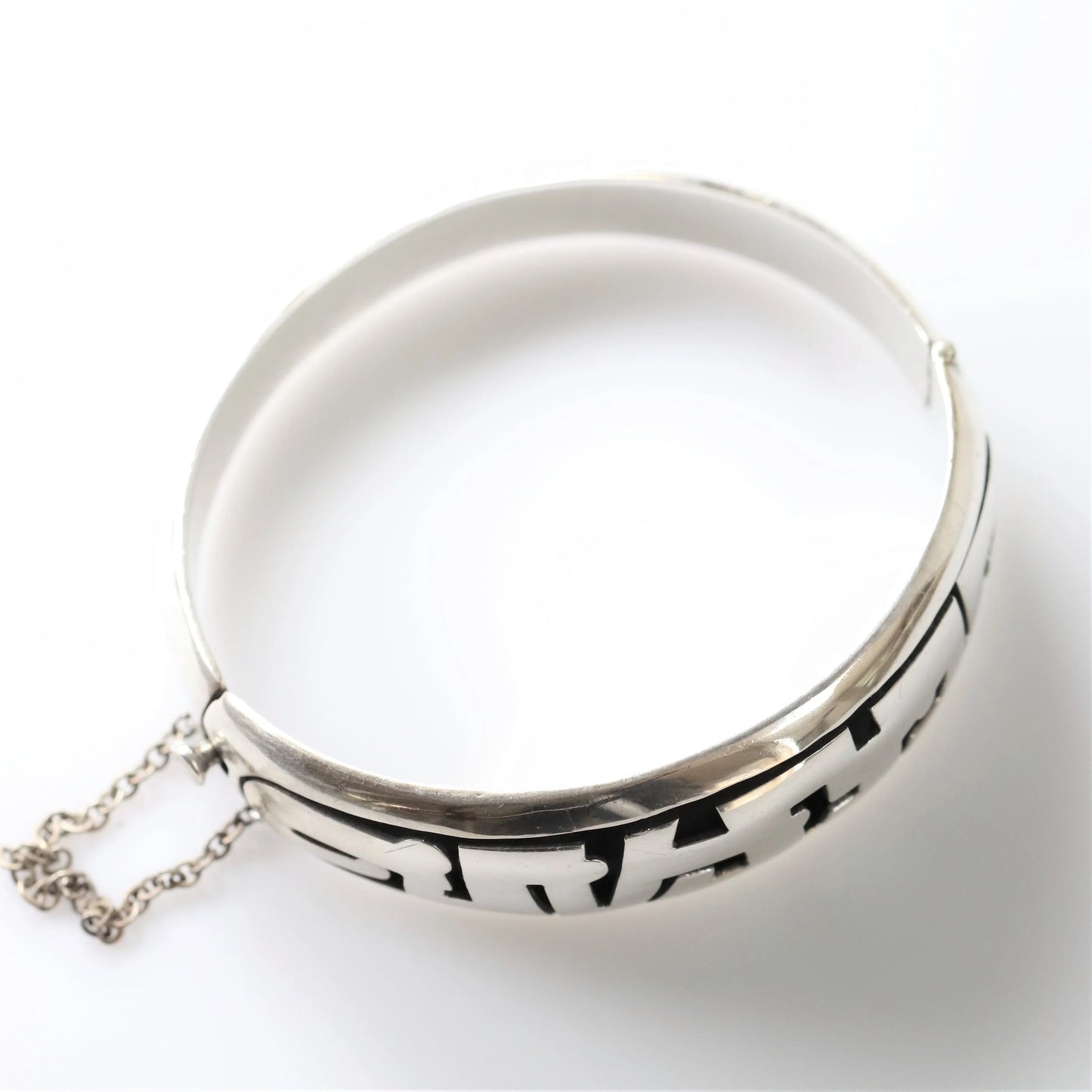 Vintage Silver Mexican Jewelry | Tribal Hinged Handcrafted Bracelet with Safety - Carmel Fine Silver Jewelry