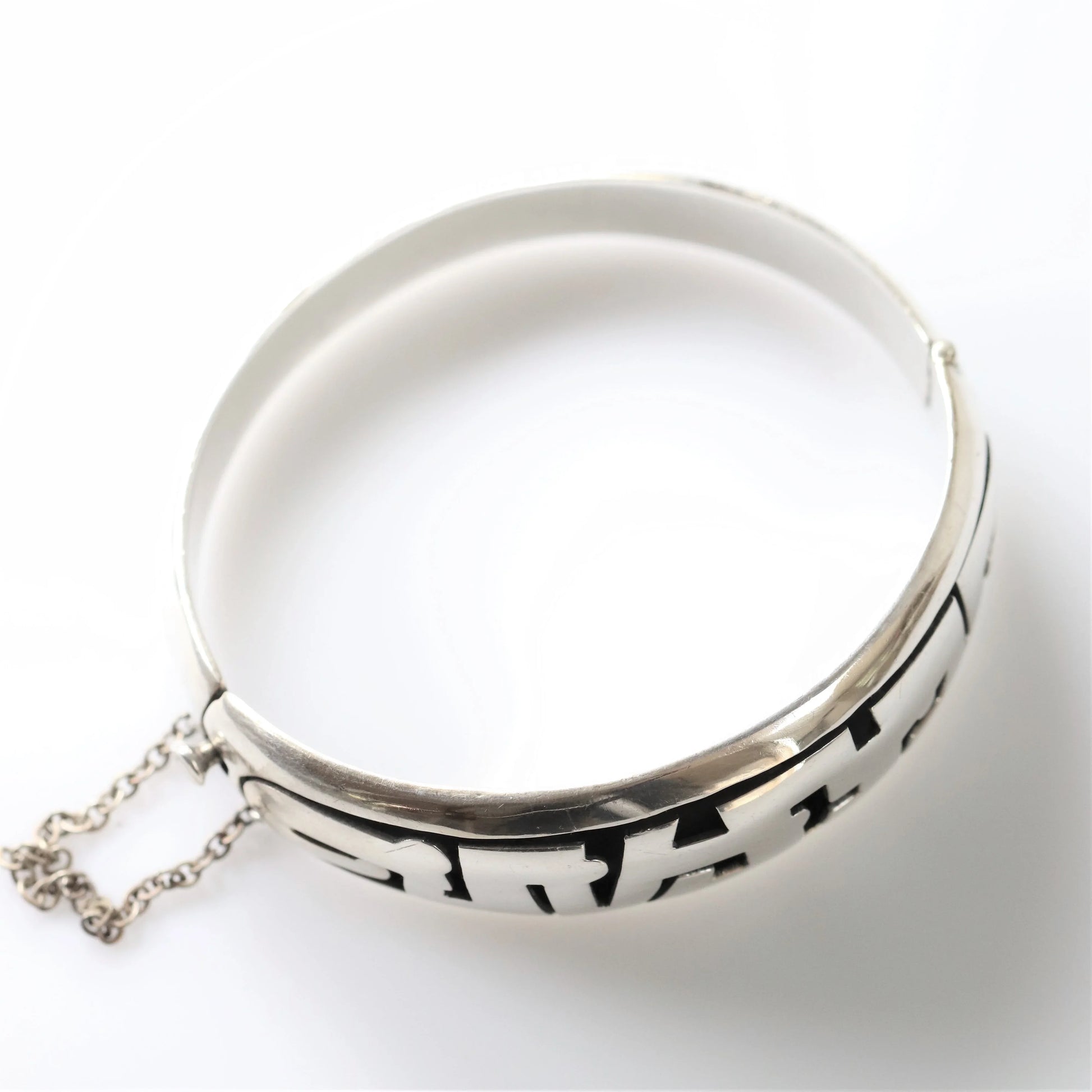 Vintage Silver Mexican Jewelry | Tribal Hinged Handcrafted Bracelet with Safety - Carmel Fine Silver Jewelry