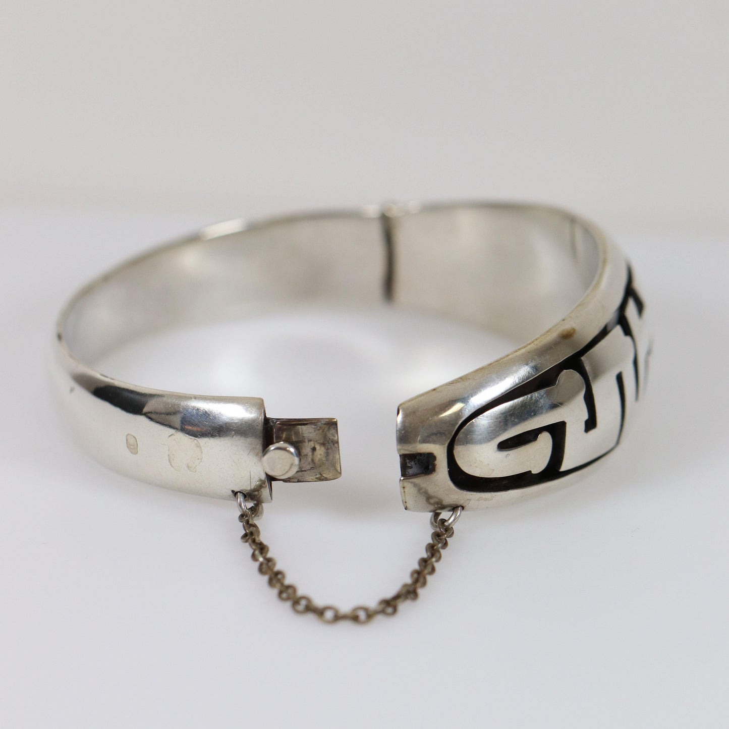 Vintage Silver Mexican Jewelry | Tribal Hinged Handcrafted Bracelet with Safety - Carmel Fine Silver Jewelry