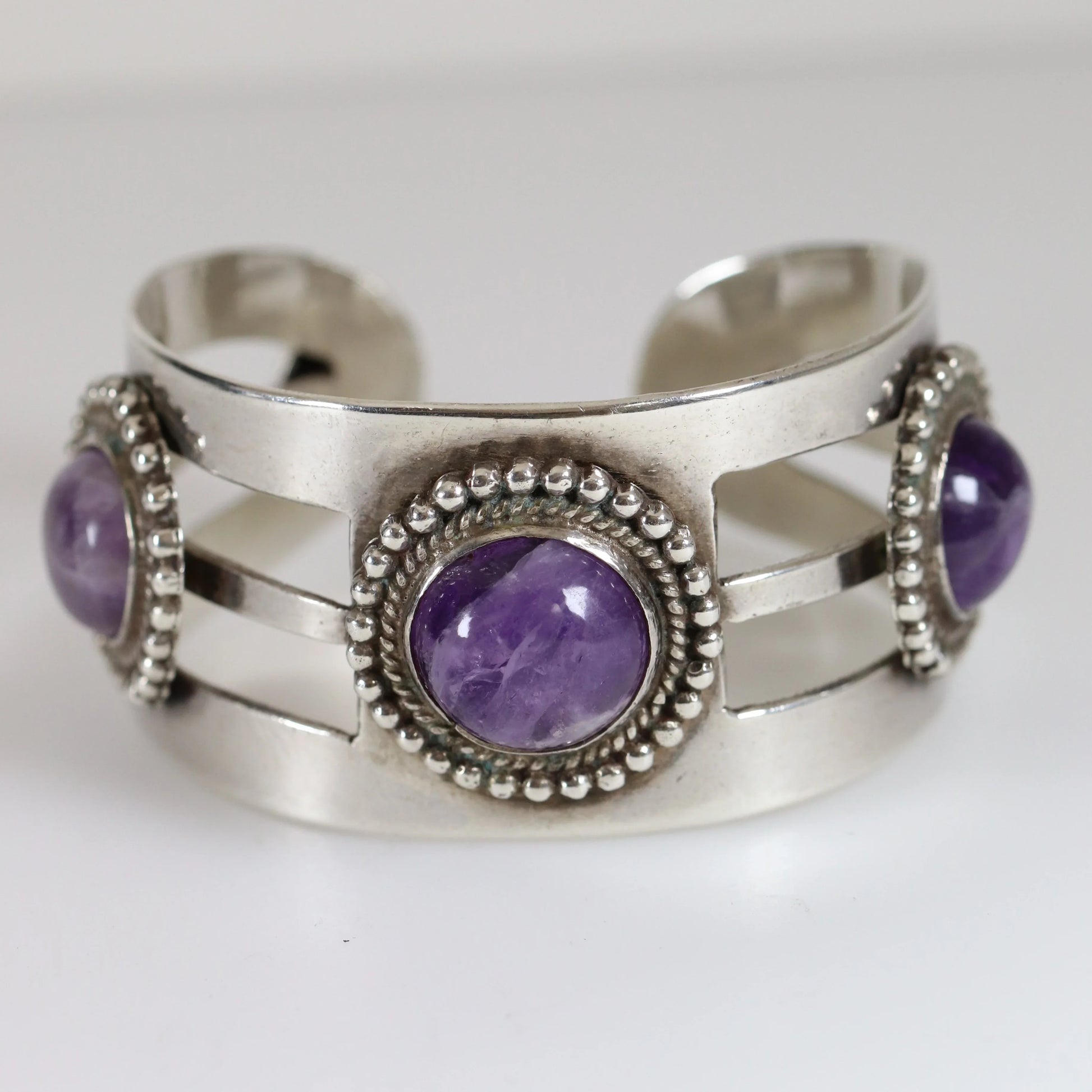 Vintage Taxco Artisan Jewelry | Modernist 980 Sterling Silver Amethyst Statement Bracelet - Carmel Fine Silver Jewelry