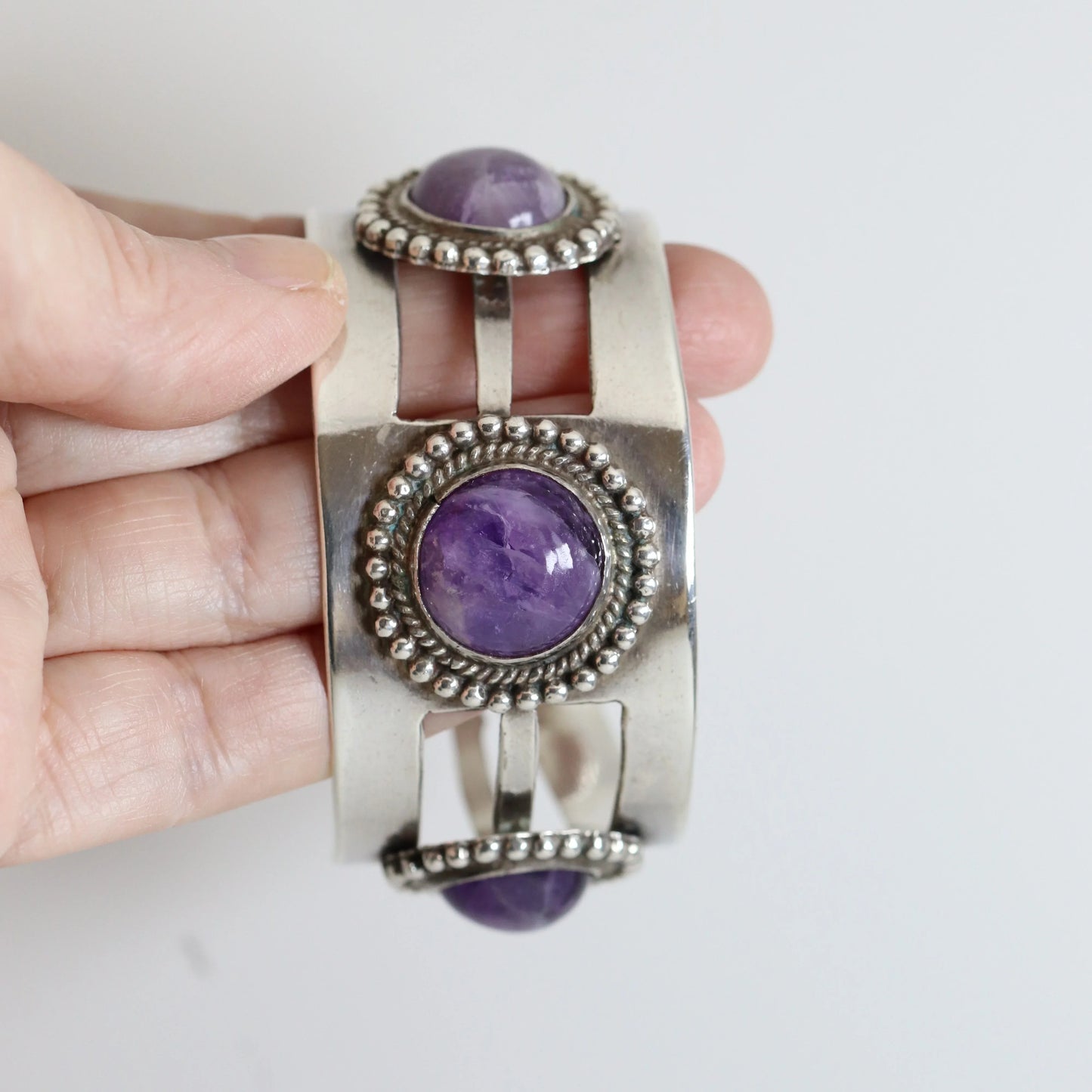 Vintage Taxco Artisan Jewelry | Modernist 980 Sterling Silver Amethyst Statement Bracelet - Carmel Fine Silver Jewelry
