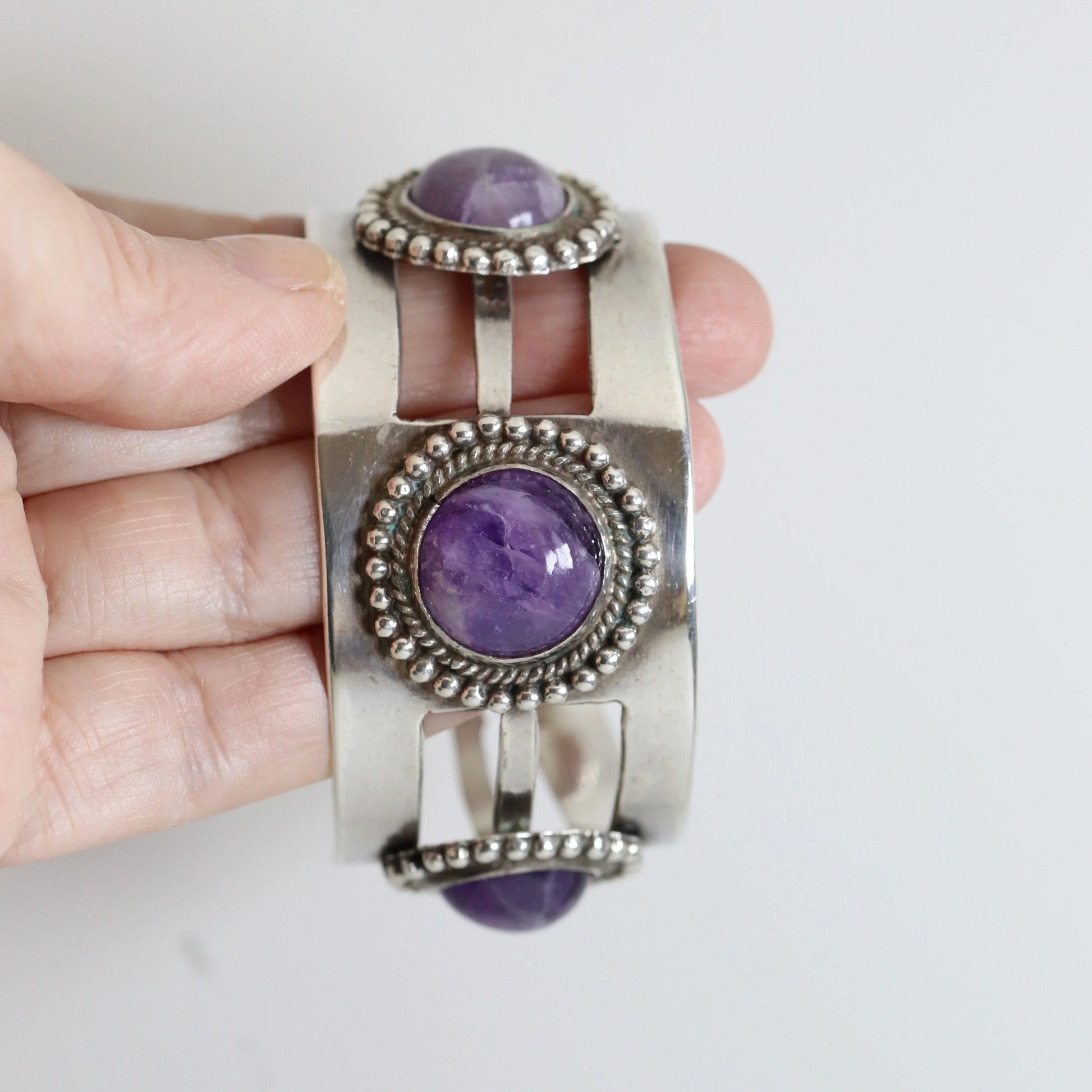 Vintage Taxco Artisan Jewelry | Modernist 980 Sterling Silver Amethyst Statement Bracelet - Carmel Fine Silver Jewelry