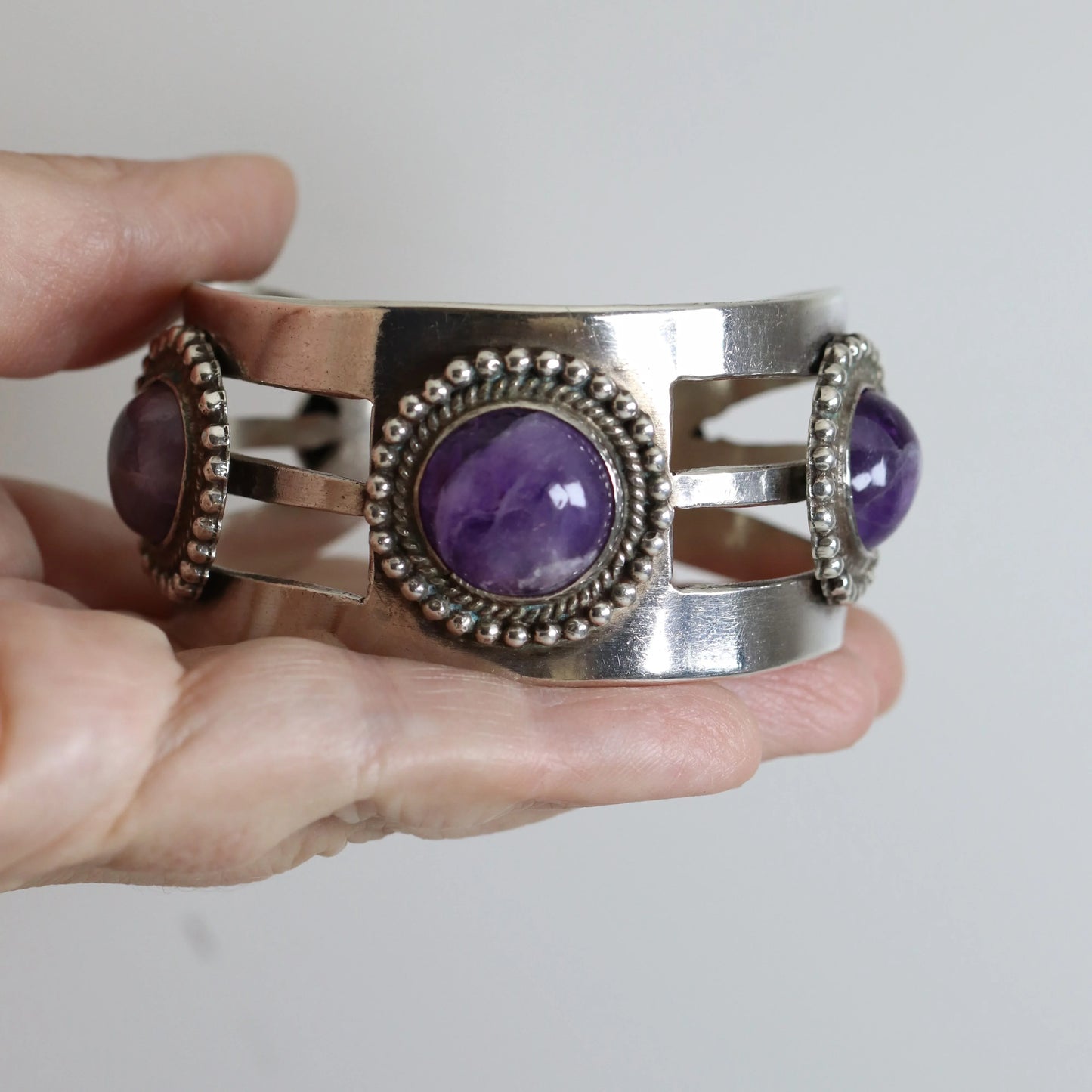Vintage Taxco Artisan Jewelry | Modernist 980 Sterling Silver Amethyst Statement Bracelet - Carmel Fine Silver Jewelry