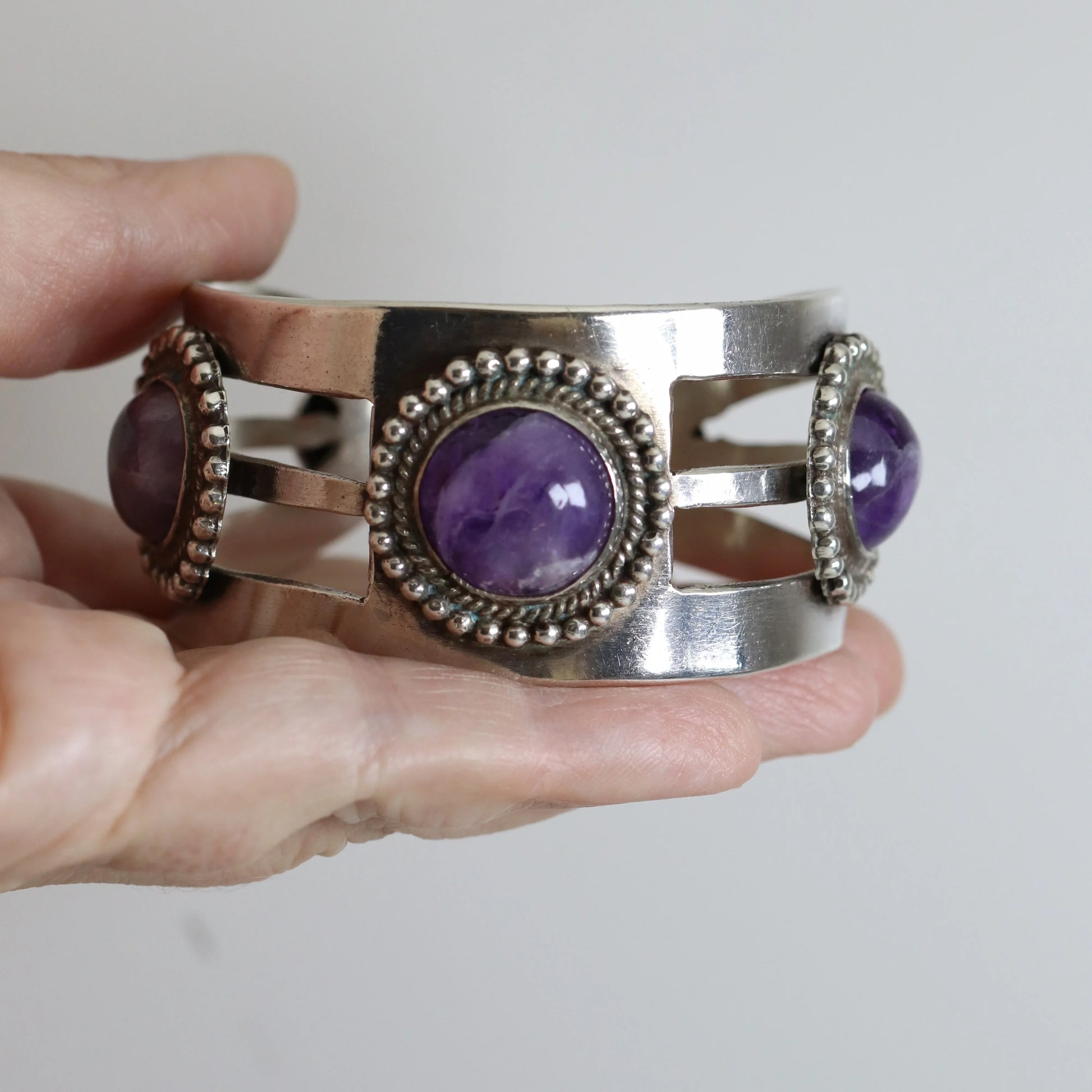 Vintage Taxco Artisan Jewelry | Modernist 980 Sterling Silver Amethyst Statement Bracelet - Carmel Fine Silver Jewelry