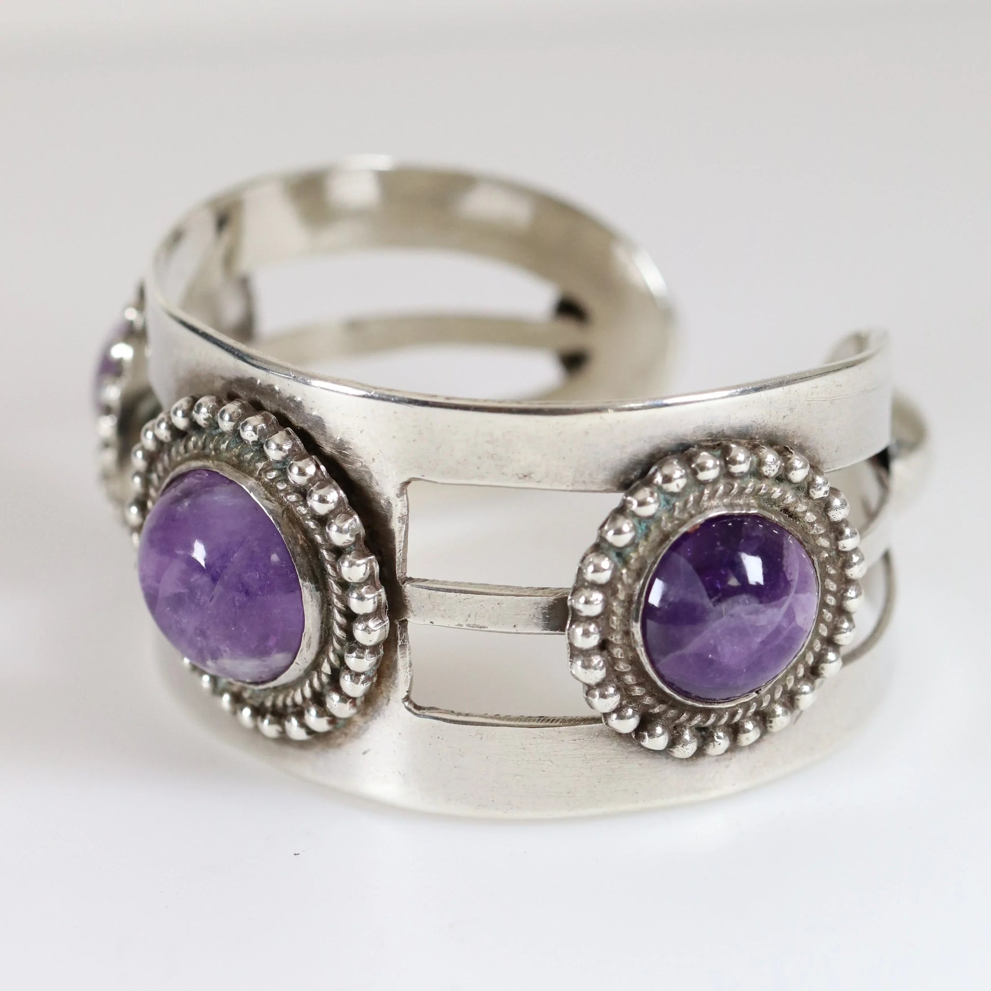 Vintage Taxco Artisan Jewelry | Modernist 980 Sterling Silver Amethyst Statement Bracelet - Carmel Fine Silver Jewelry