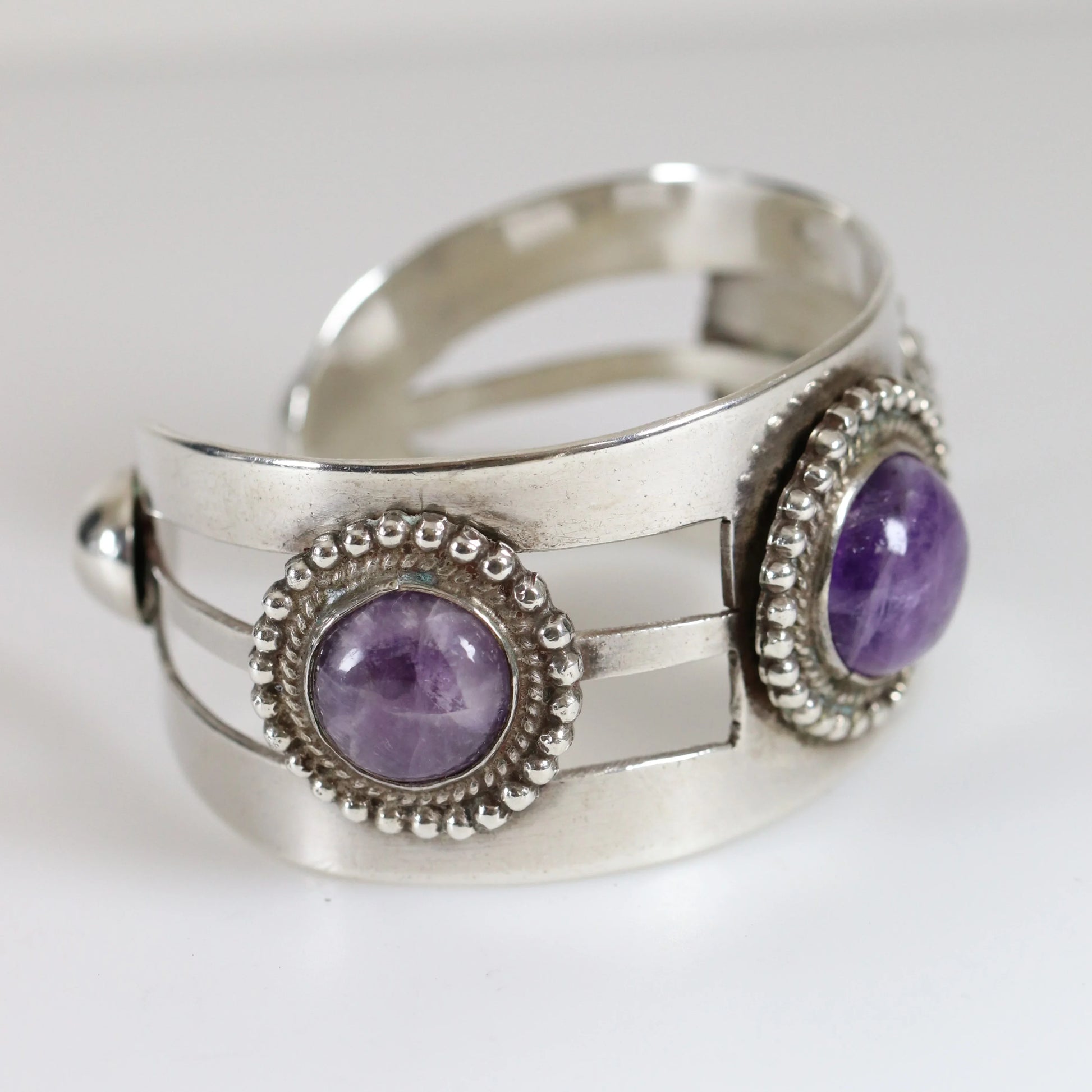 Vintage Taxco Artisan Jewelry | Modernist 980 Sterling Silver Amethyst Statement Bracelet - Carmel Fine Silver Jewelry
