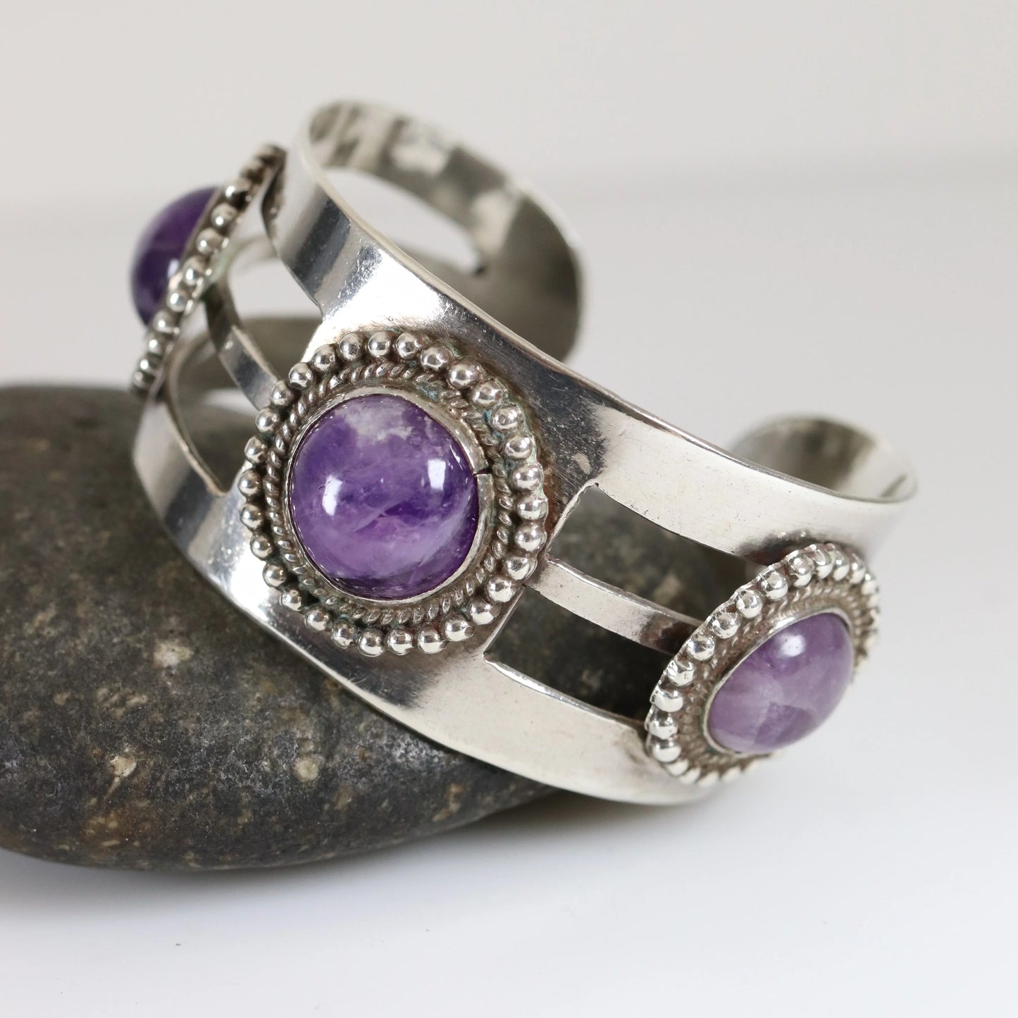 Vintage Taxco Artisan Jewelry | Modernist 980 Sterling Silver Amethyst Statement Bracelet - Carmel Fine Silver Jewelry