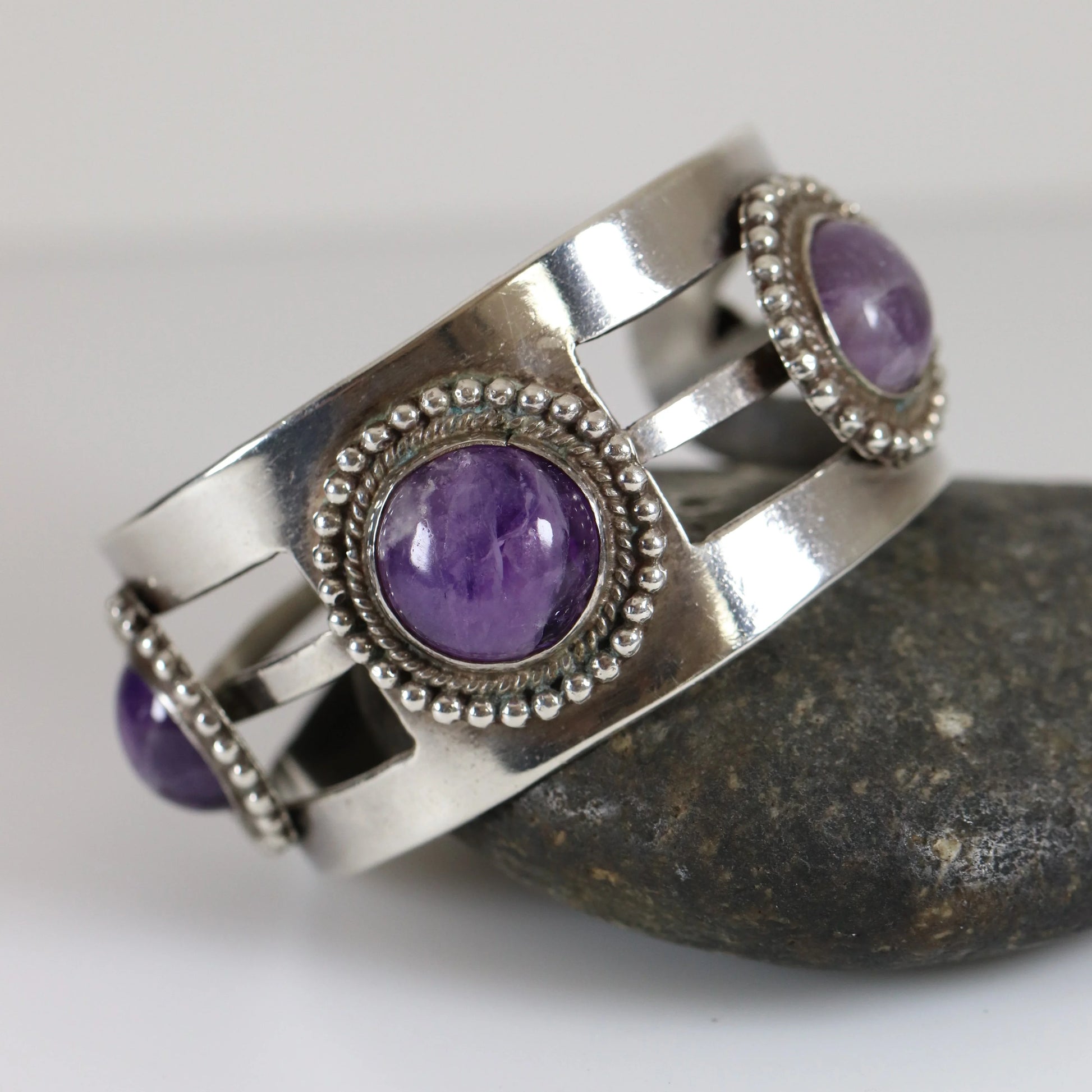 Vintage Taxco Artisan Jewelry | Modernist 980 Sterling Silver Amethyst Statement Bracelet - Carmel Fine Silver Jewelry