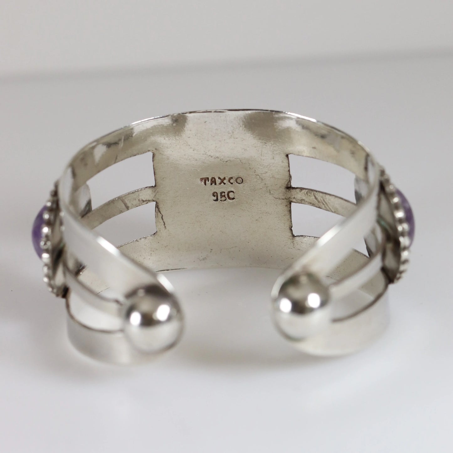 Vintage Taxco Artisan Jewelry | Modernist 980 Sterling Silver Amethyst Statement Bracelet - Carmel Fine Silver Jewelry