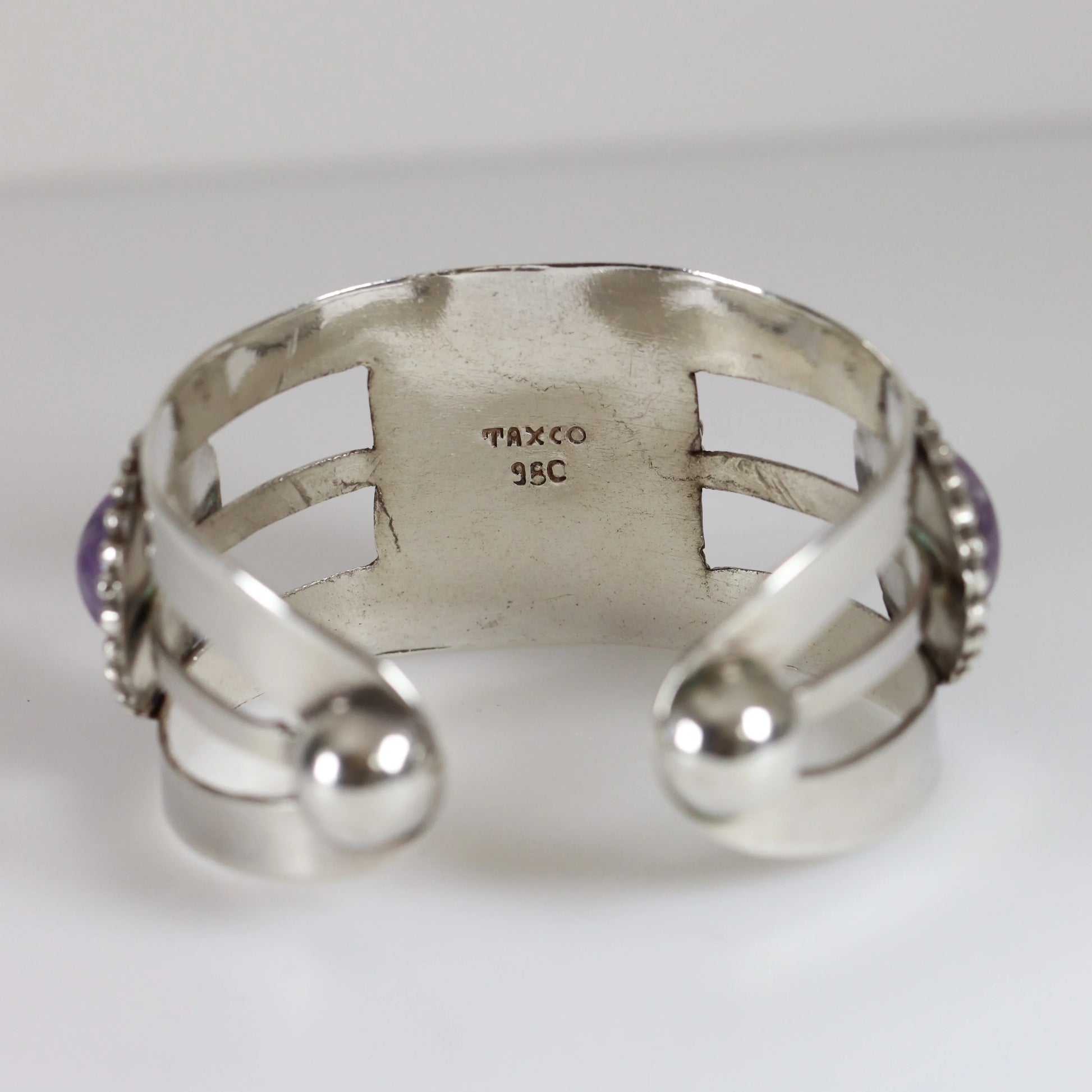 Vintage Taxco Artisan Jewelry | Modernist 980 Sterling Silver Amethyst Statement Bracelet - Carmel Fine Silver Jewelry