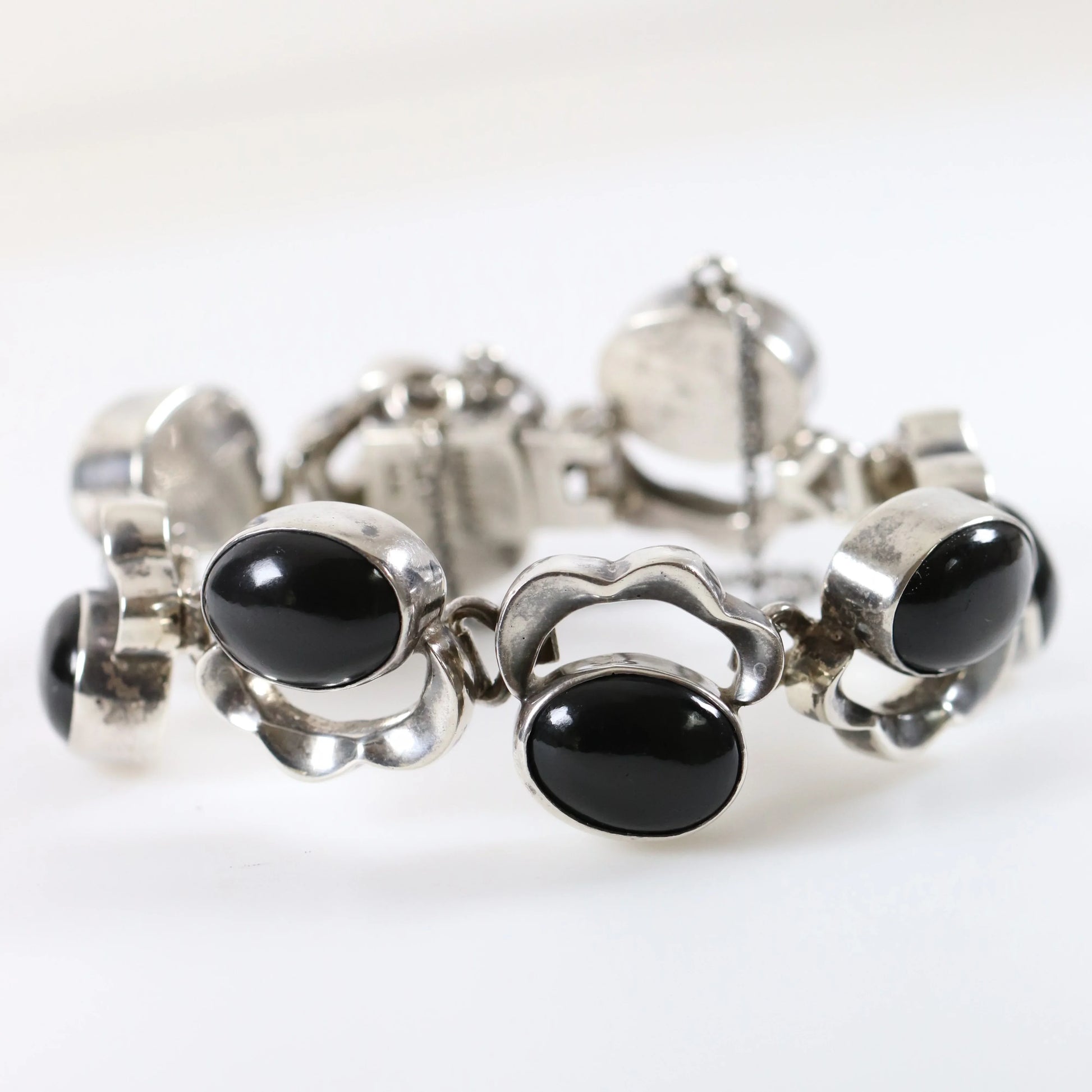 Vintage Taxco Artisan Jewelry | Onyx Floral Design Link Bracelet Mexico - Carmel Fine Silver Jewelry