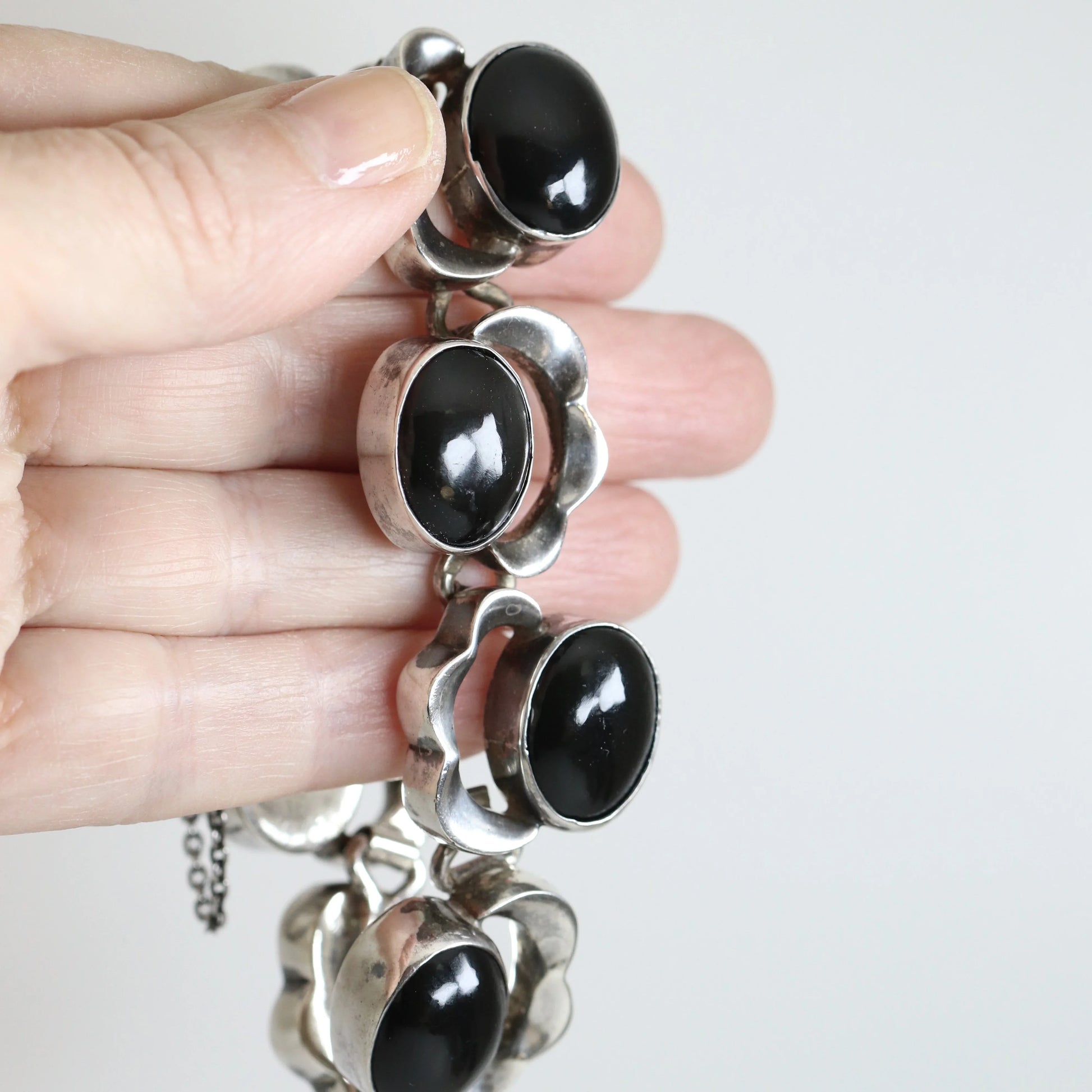 Vintage Taxco Artisan Jewelry | Onyx Floral Design Link Bracelet Mexico - Carmel Fine Silver Jewelry