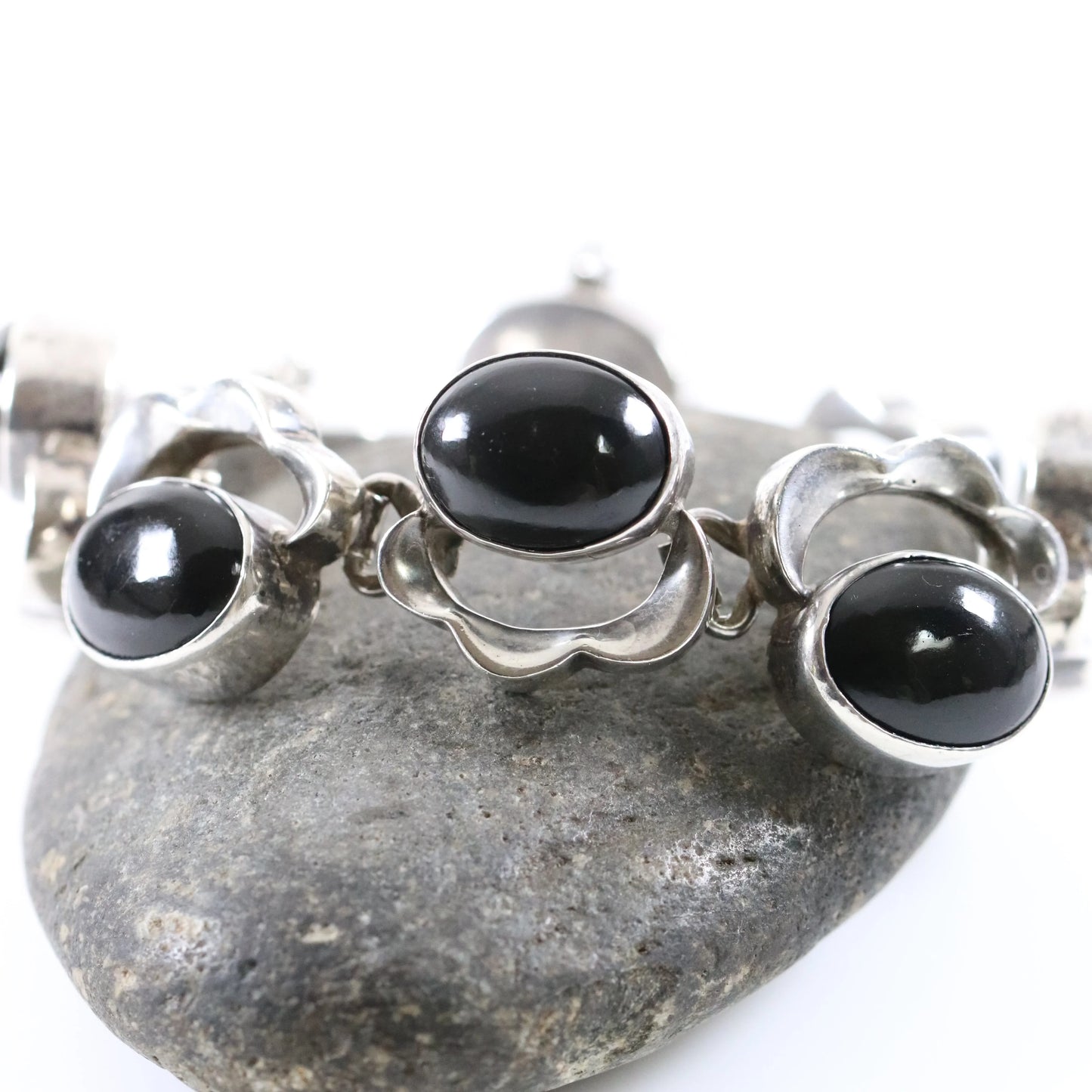 Vintage Taxco Artisan Jewelry | Onyx Floral Design Link Bracelet Mexico - Carmel Fine Silver Jewelry