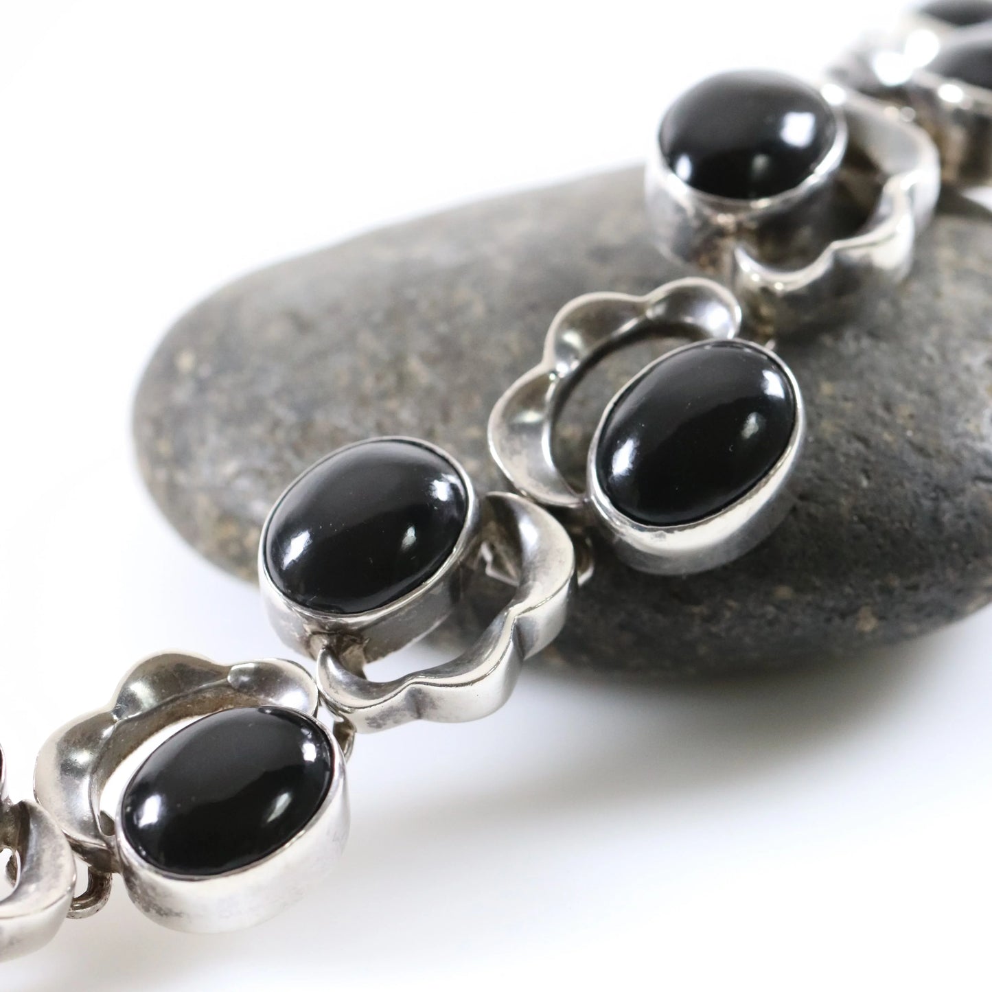 Vintage Taxco Artisan Jewelry | Onyx Floral Design Link Bracelet Mexico - Carmel Fine Silver Jewelry