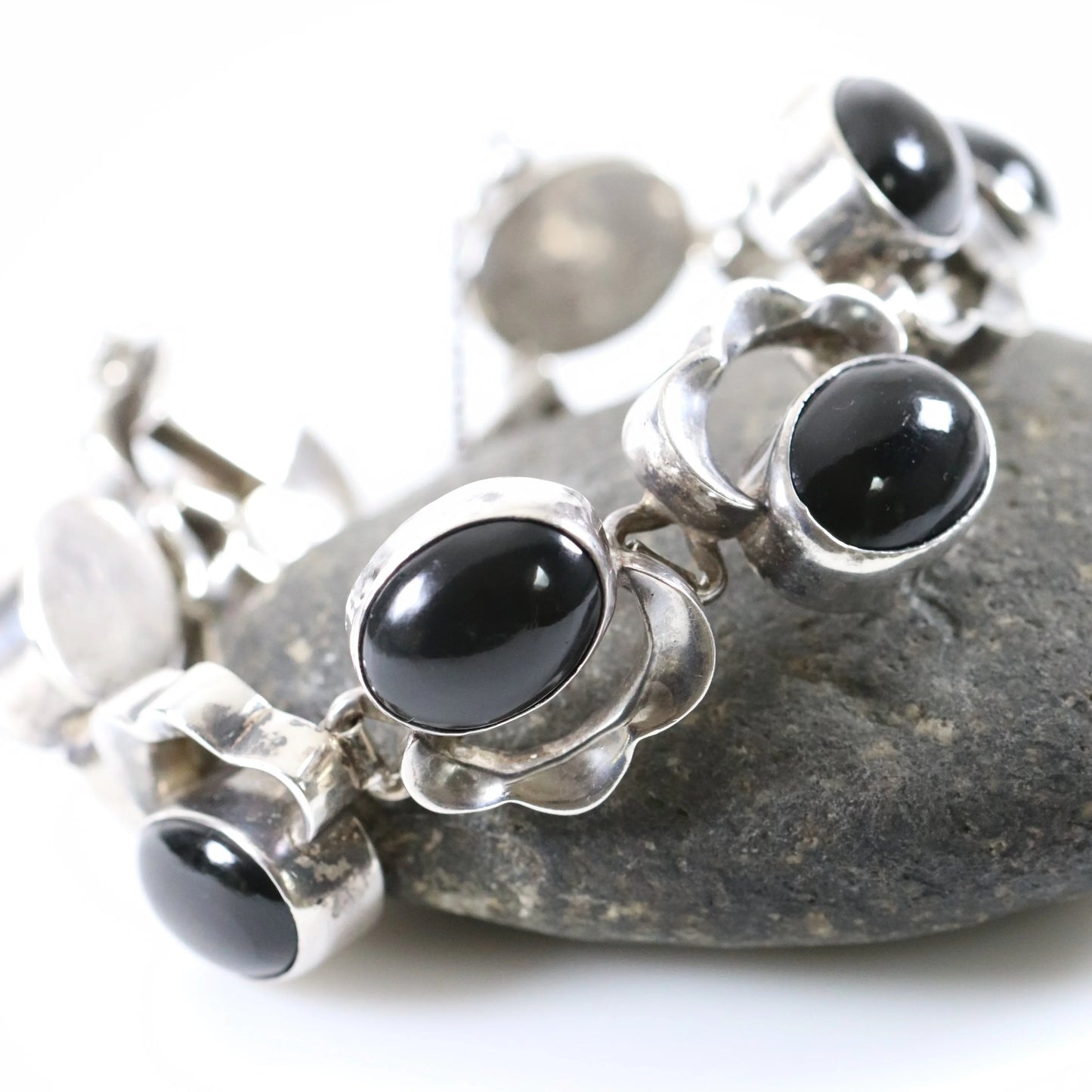 Vintage Taxco Artisan Jewelry | Onyx Floral Design Link Bracelet Mexico - Carmel Fine Silver Jewelry