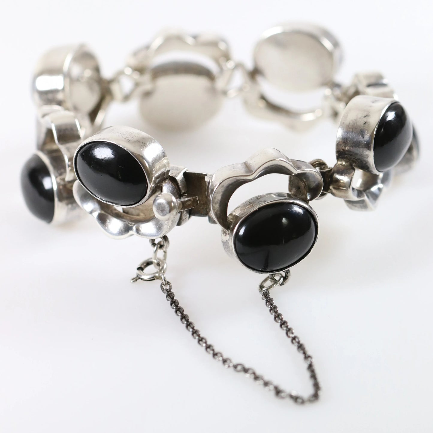 Vintage Taxco Artisan Jewelry | Onyx Floral Design Link Bracelet Mexico - Carmel Fine Silver Jewelry