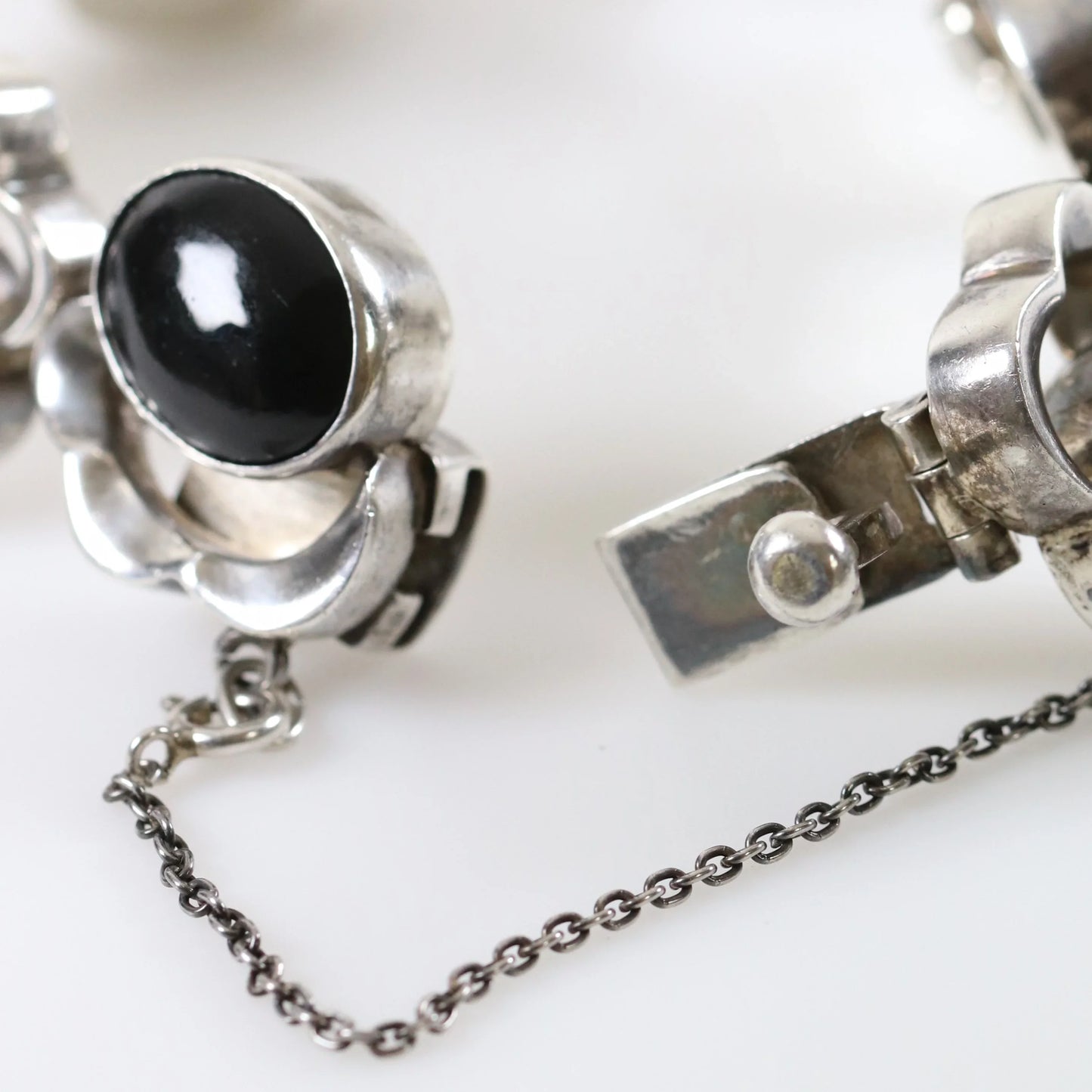 Vintage Taxco Artisan Jewelry | Onyx Floral Design Link Bracelet Mexico - Carmel Fine Silver Jewelry