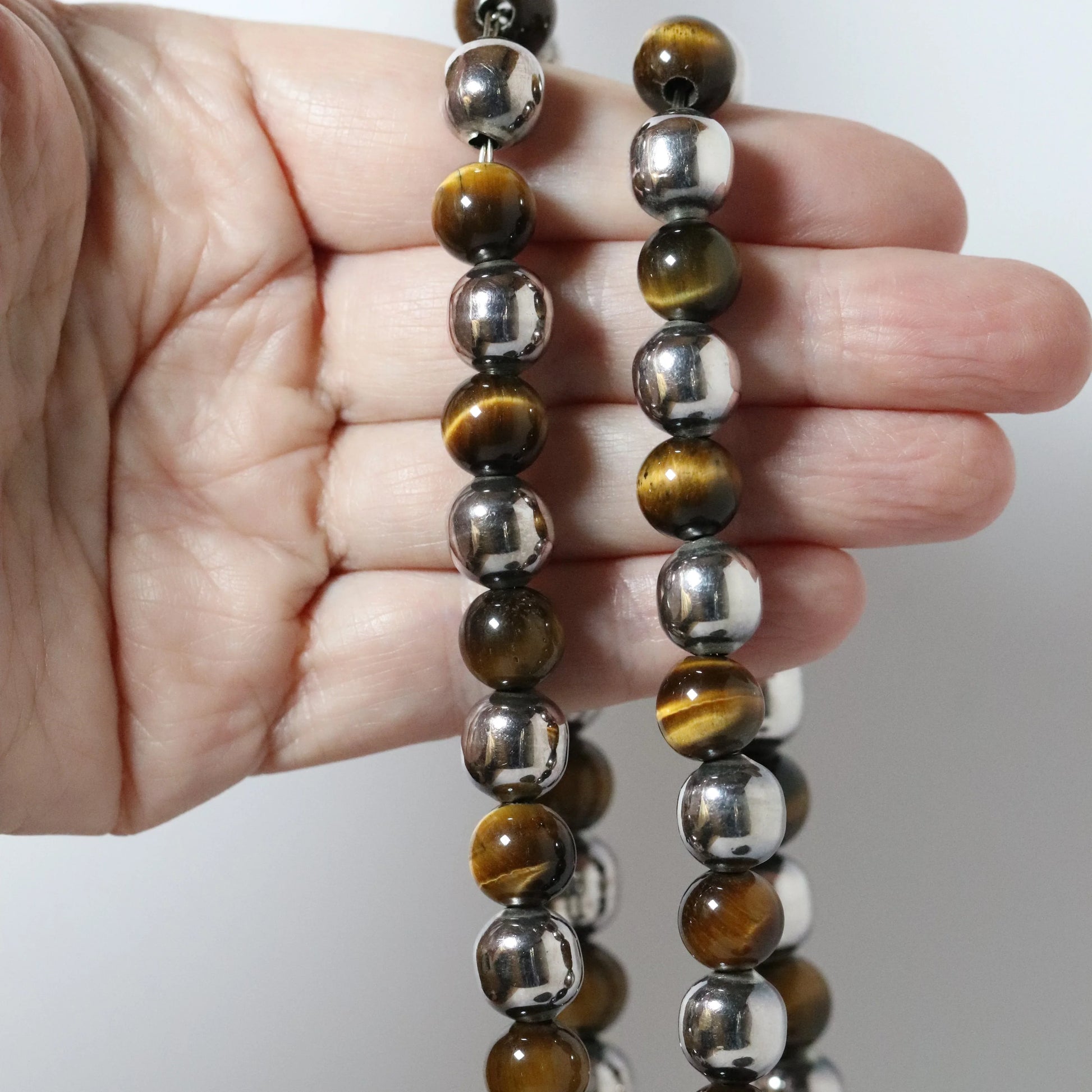 Vintage Taxco Jewelry | Tiger's Eye Silver Bead Necklace - Carmel Fine Silver Jewelry