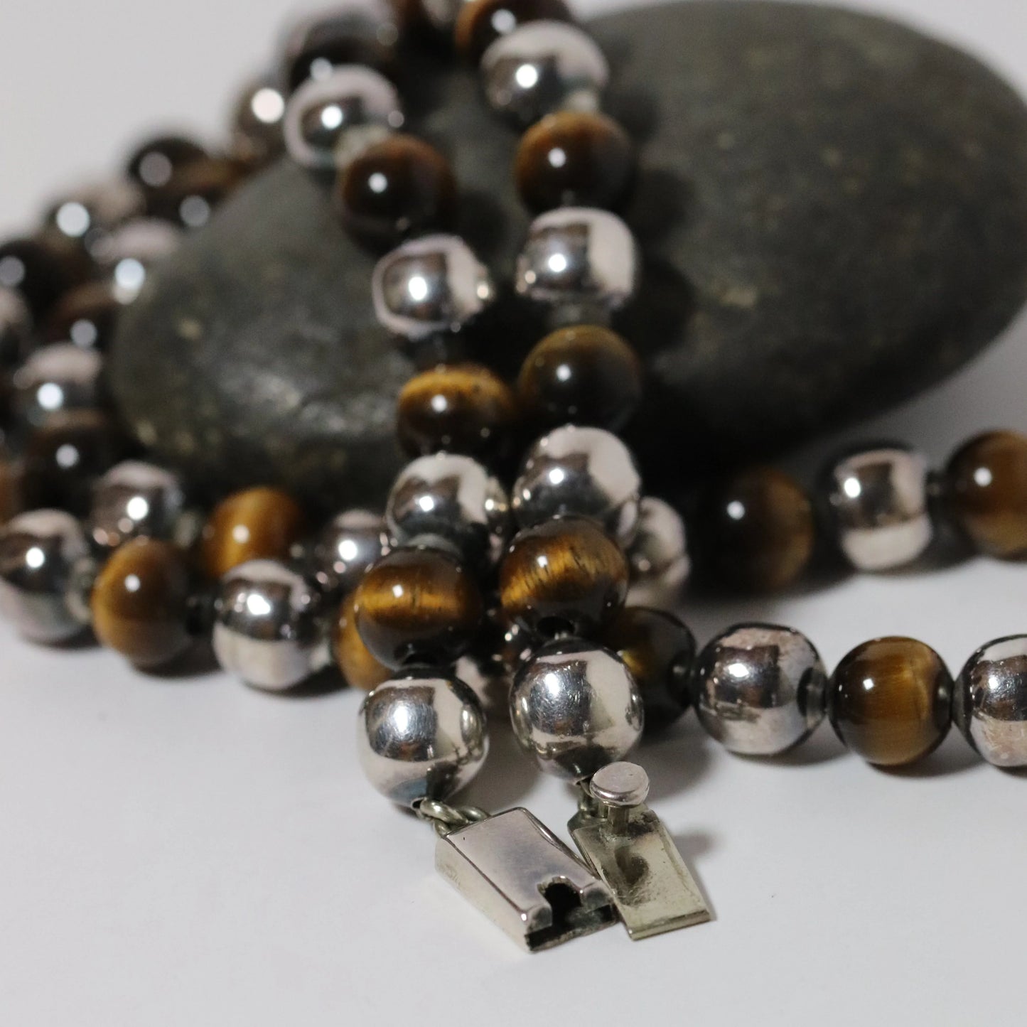 Vintage Taxco Jewelry | Tiger's Eye Silver Bead Necklace - Carmel Fine Silver Jewelry