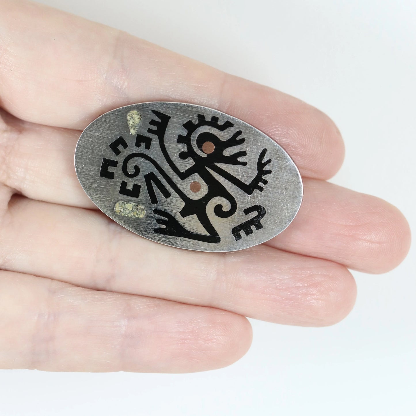 Vintage Taxco Silver Mexican Jewelry | Ozomatli Monkey Stone Inlay Mid Century Brooch - Carmel Fine Silver Jewelry