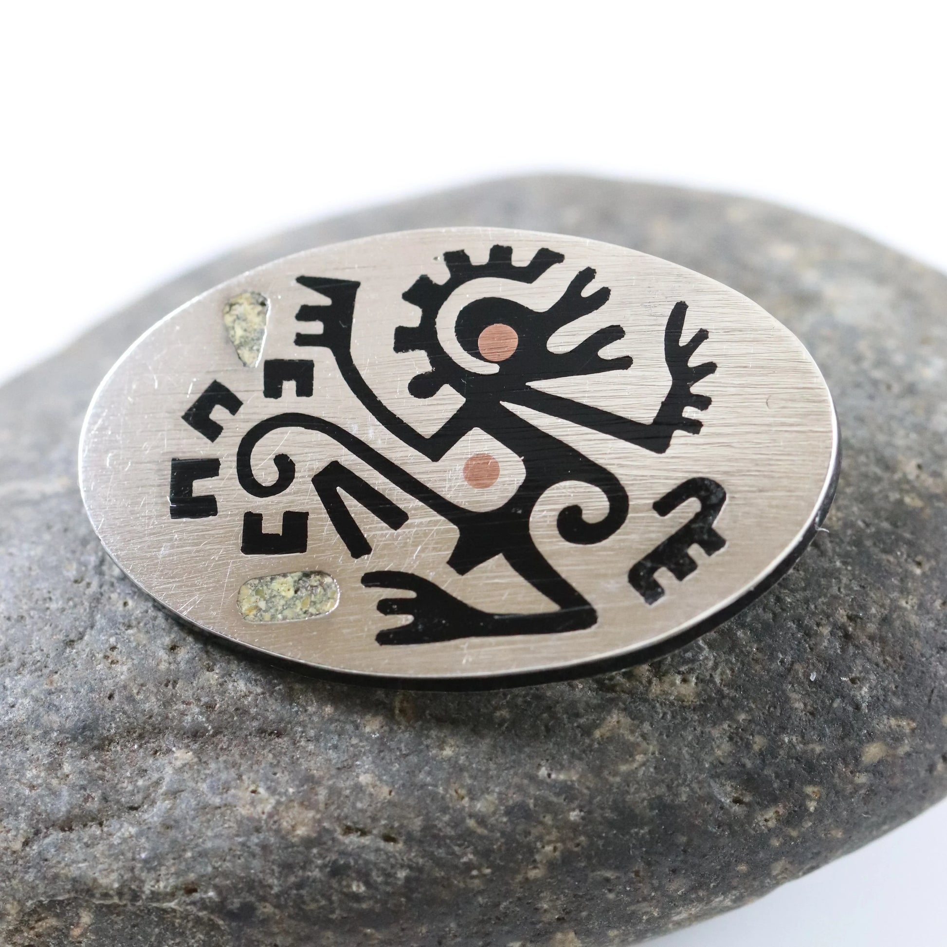 Vintage Taxco Silver Mexican Jewelry | Ozomatli Monkey Stone Inlay Mid Century Brooch - Carmel Fine Silver Jewelry