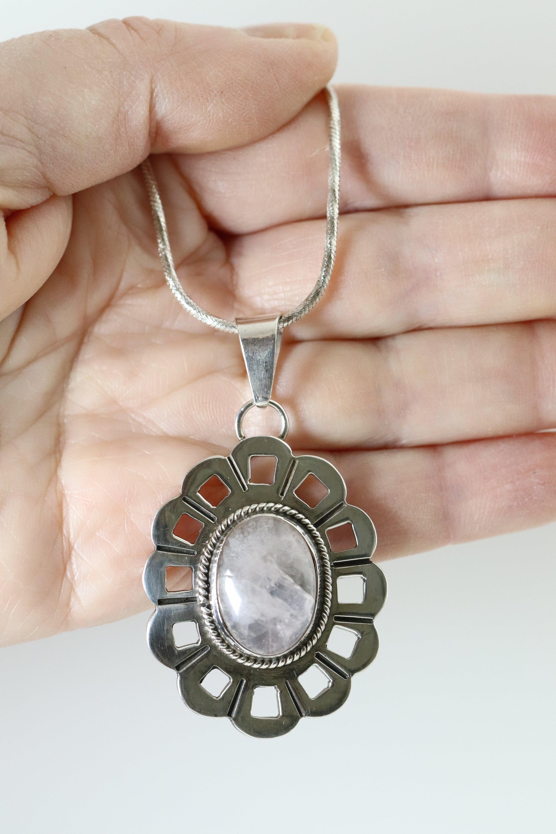 Vintage Taxco Silver Mexican Jewelry | Rose Quartz Handcrafted Pendant Mexico - Carmel Fine Silver Jewelry