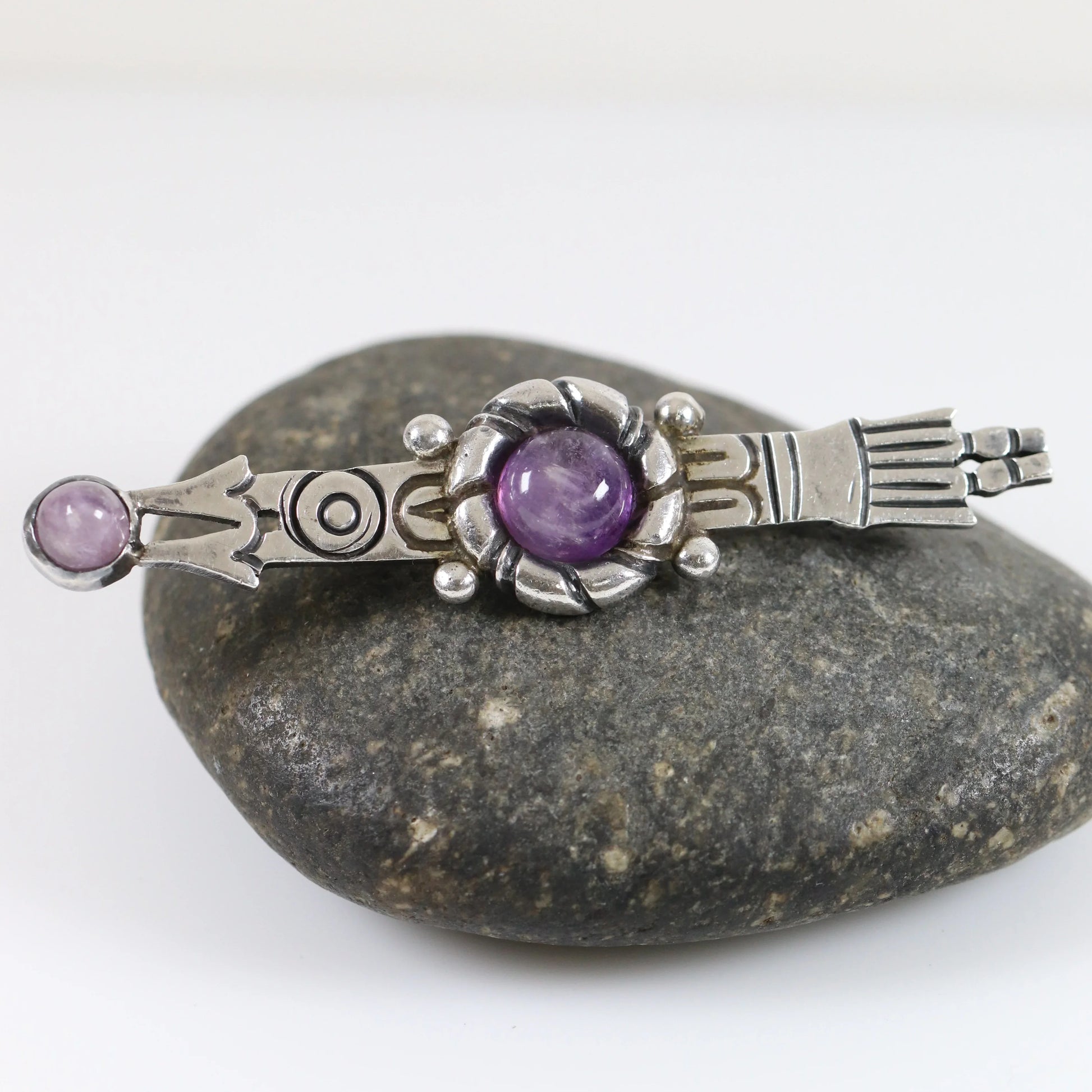 Vintage Taxco William Spratling Jewelry | Amethyst Tribal Arrow Brooch - Carmel Fine Silver Jewelry