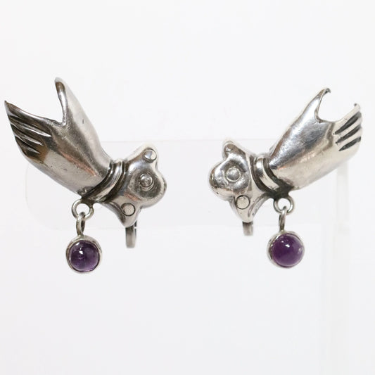 Vintage William Spratling Jewelry | Amethyst Hand Earrings Taxco Mexico - Carmel Fine Silver Jewelry