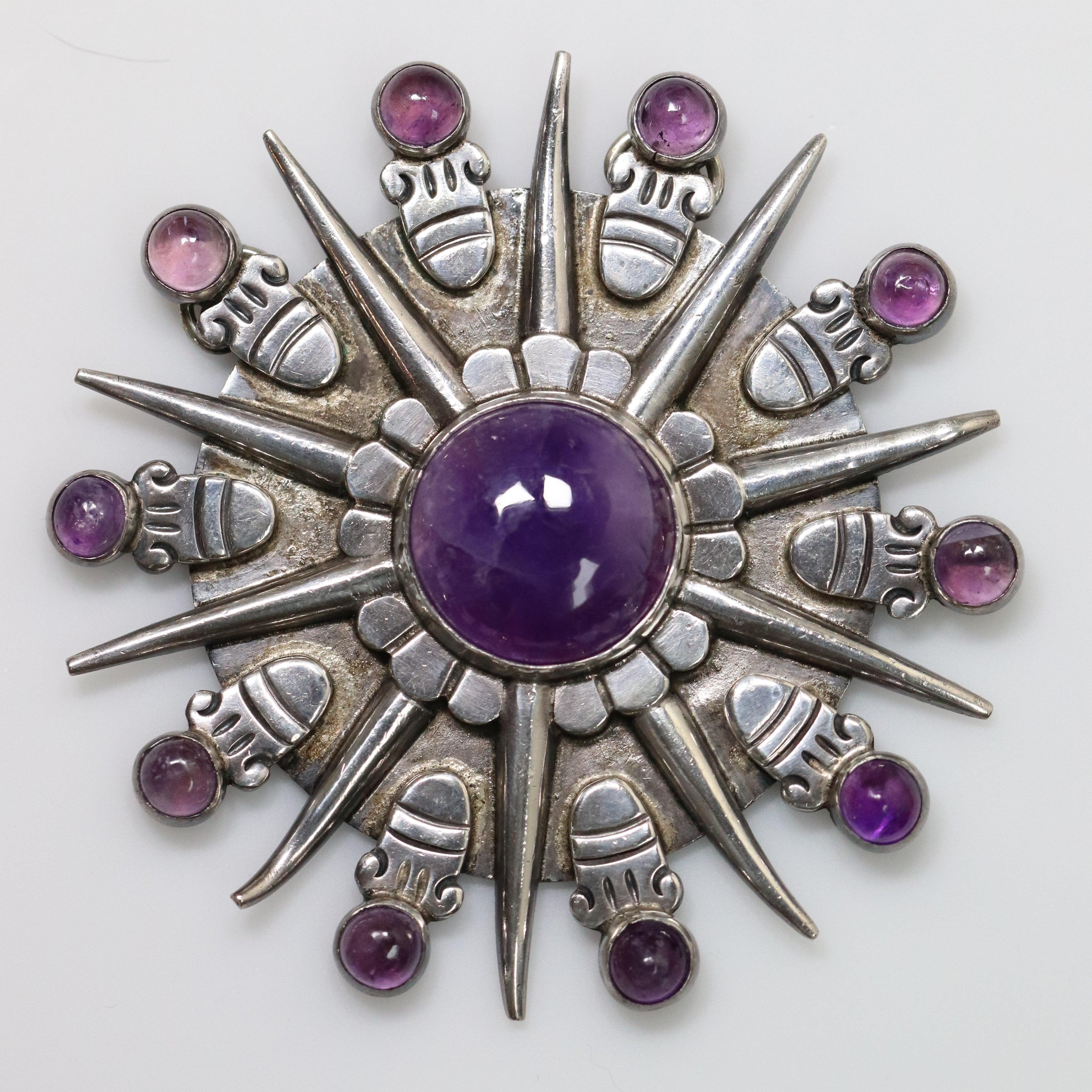 ❗️CLEARANCE❗️antique sold sterling silver vintage mexico amethyst sun brooch