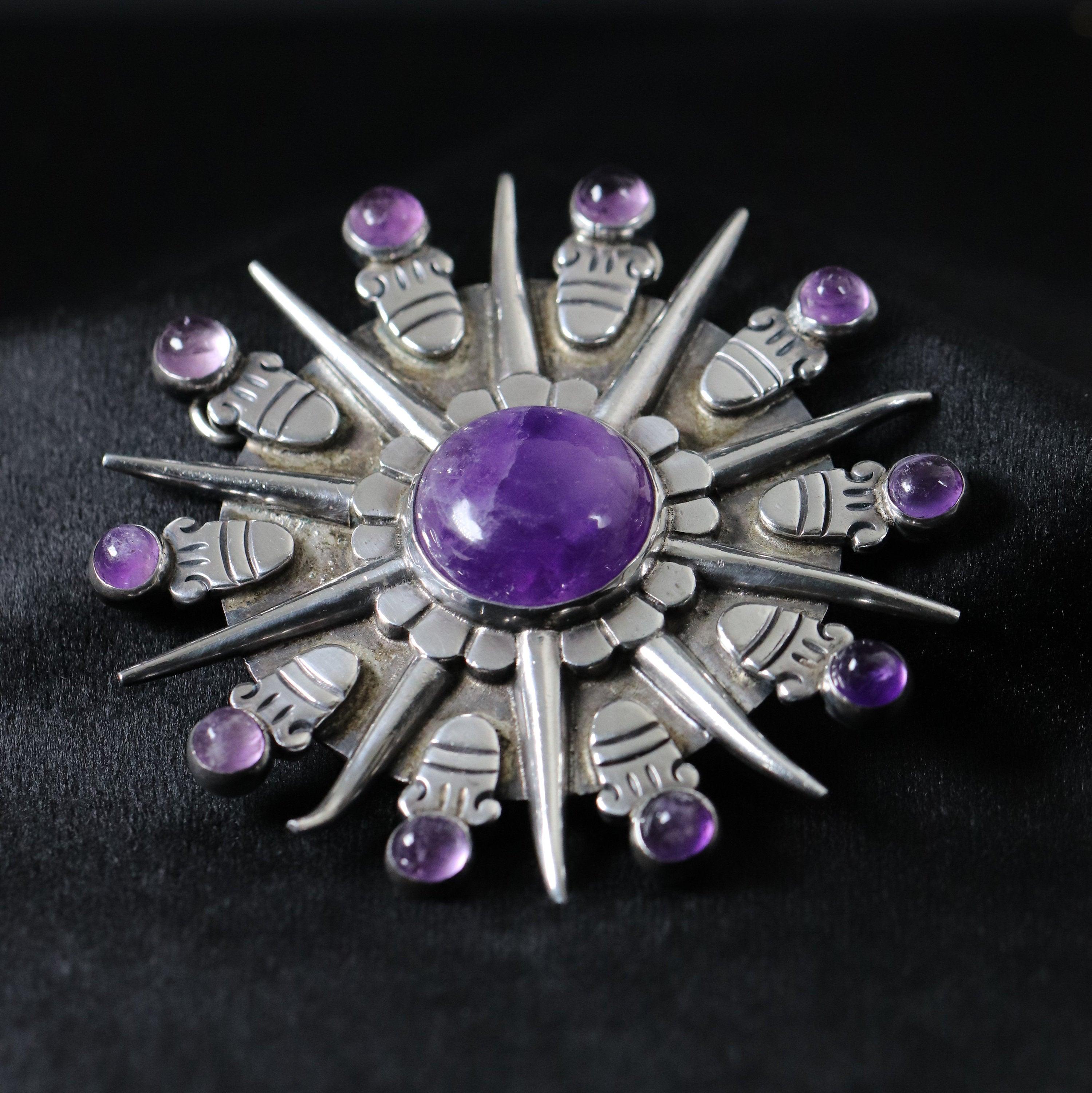 ❗️CLEARANCE❗️antique sold sterling silver vintage mexico amethyst sun brooch