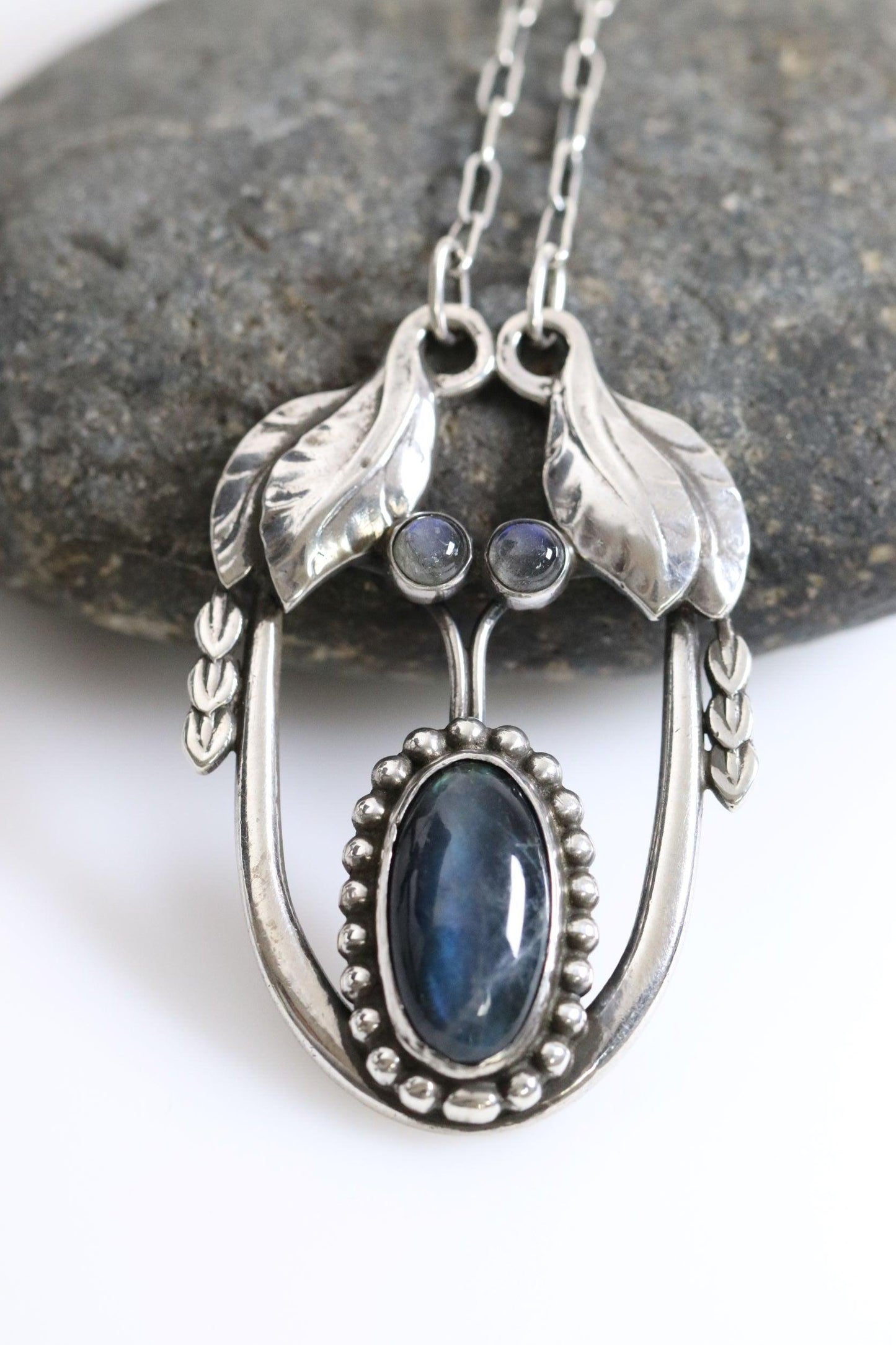 Antique Georg Jensen Jewelry | Rare Labradorite Art Nouveau Necklace 4 - Carmel Fine Silver Jewelry