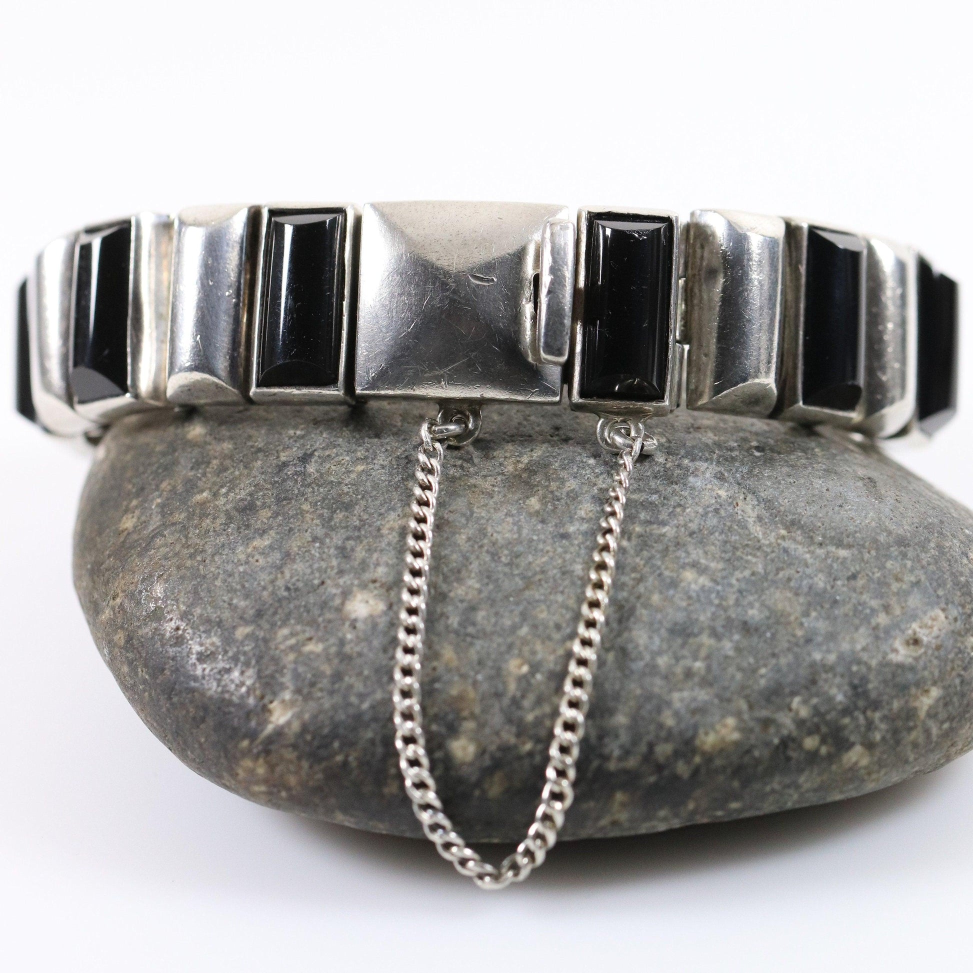 Antonio Pineda Bracelet | Taxco Mid-Century Modernist Hinged Onyx | Vintage 970 Sterling Silver Mexico - Carmel Fine Silver Jewelry