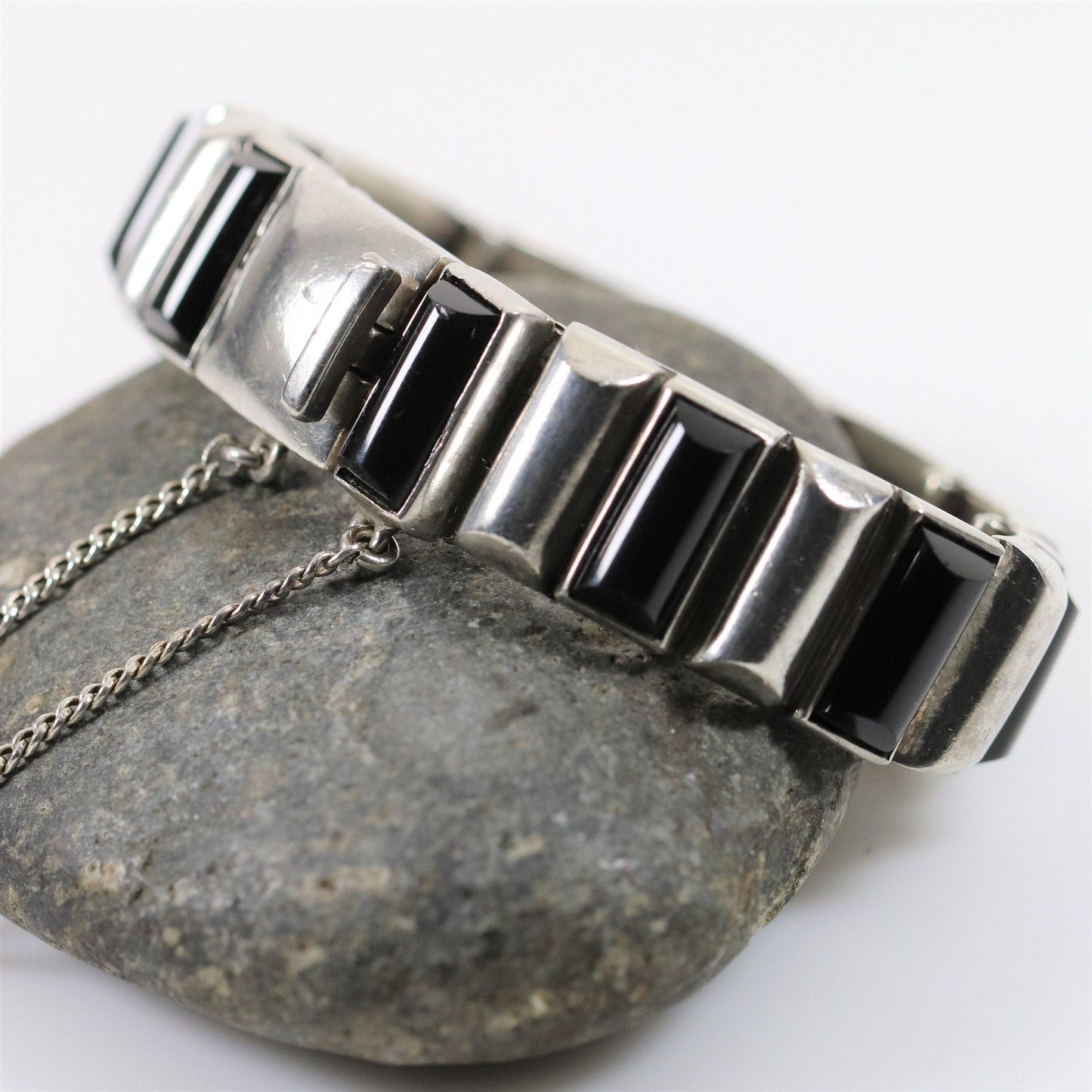 Antonio Pineda Bracelet | Taxco Mid-Century Modernist Hinged Onyx | Vintage 970 Sterling Silver Mexico - Carmel Fine Silver Jewelry