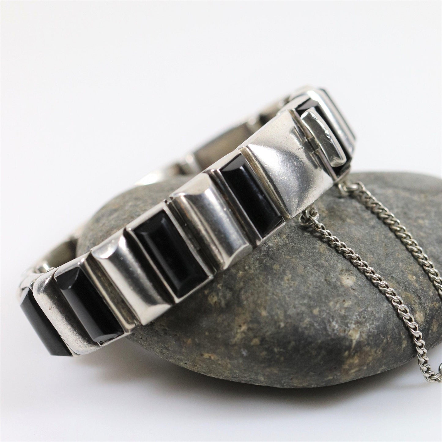 Antonio Pineda Bracelet | Taxco Mid-Century Modernist Hinged Onyx | Vintage 970 Sterling Silver Mexico - Carmel Fine Silver Jewelry