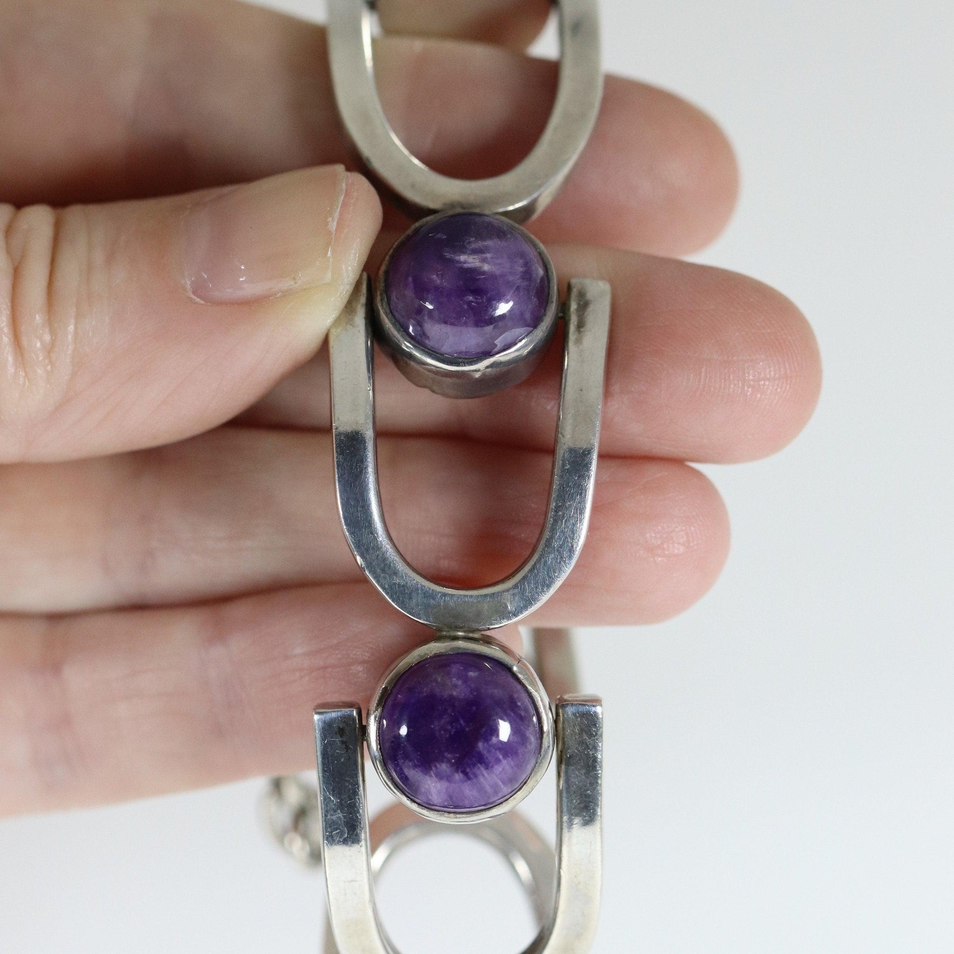 Antonio Pineda Bracelet | Taxco Mid-Century Modernist Horseshoe-Link Amethyst | Vintage 970 Sterling Silver Mexico - Carmel Fine Silver Jewelry