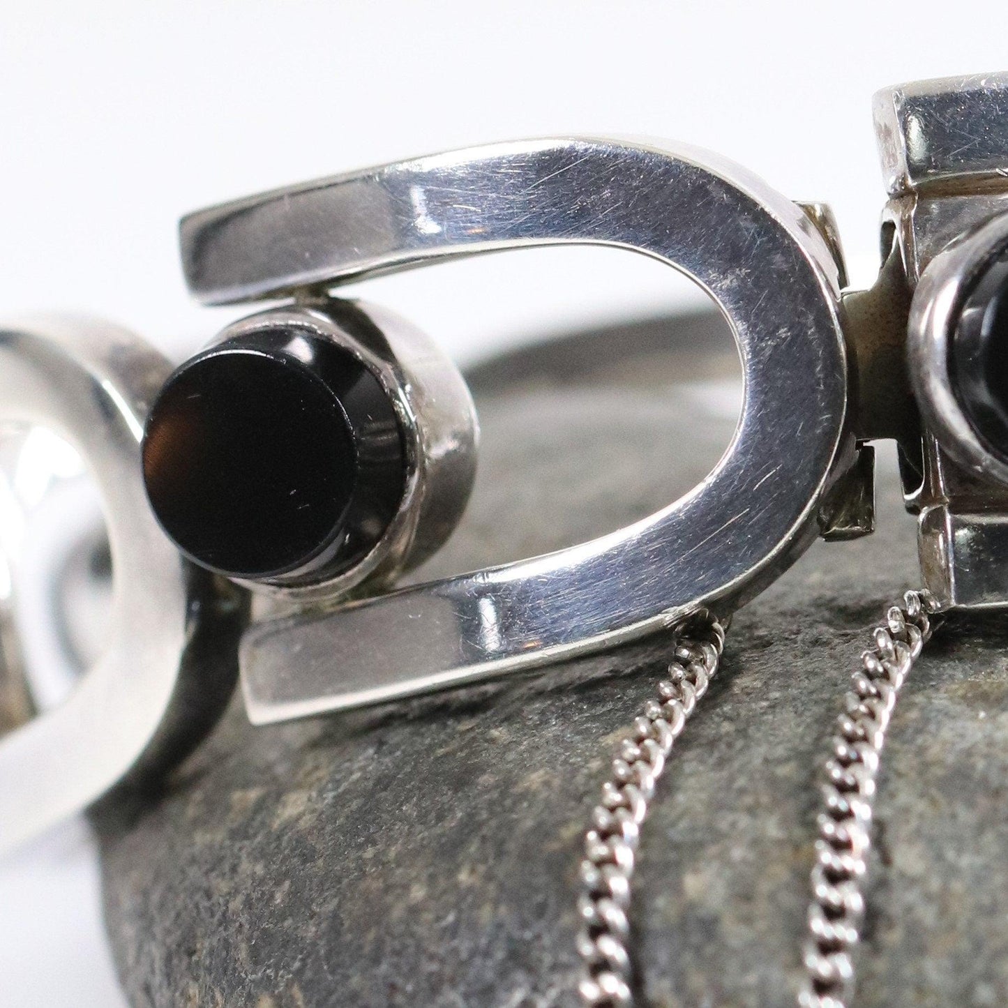 Antonio Pineda Bracelet | Taxco Mid-Century Modernist Horseshoe-Link Onyx | Vintage 970 Sterling Silver Mexico - Carmel Fine Silver Jewelry