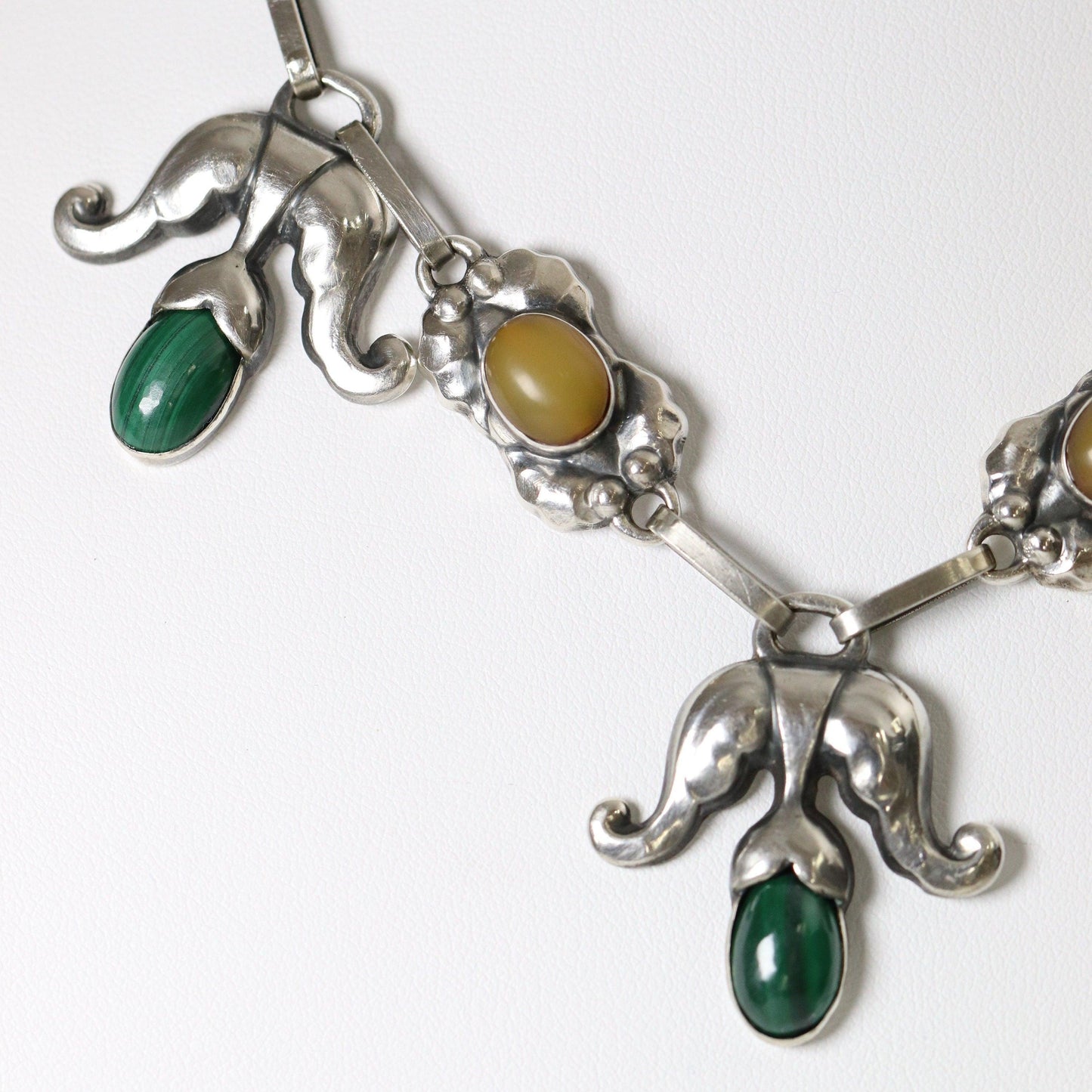 Georg Jensen Jewelry | Amber Malachite Art Nouveau Silver Vintage Necklace 9 - Carmel Fine Silver Jewelry