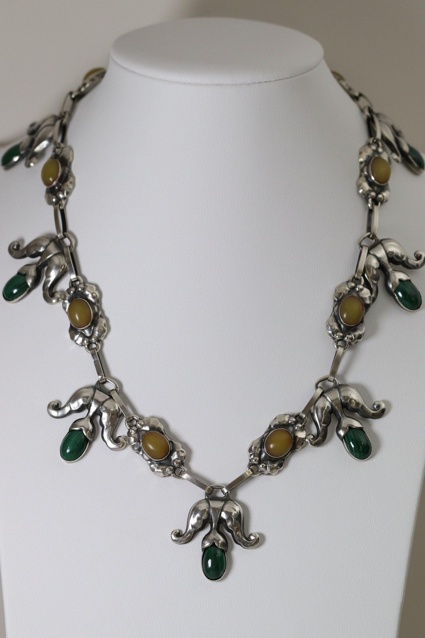 Georg Jensen Jewelry | Amber Malachite Art Nouveau Silver Vintage Necklace 9 - Carmel Fine Silver Jewelry
