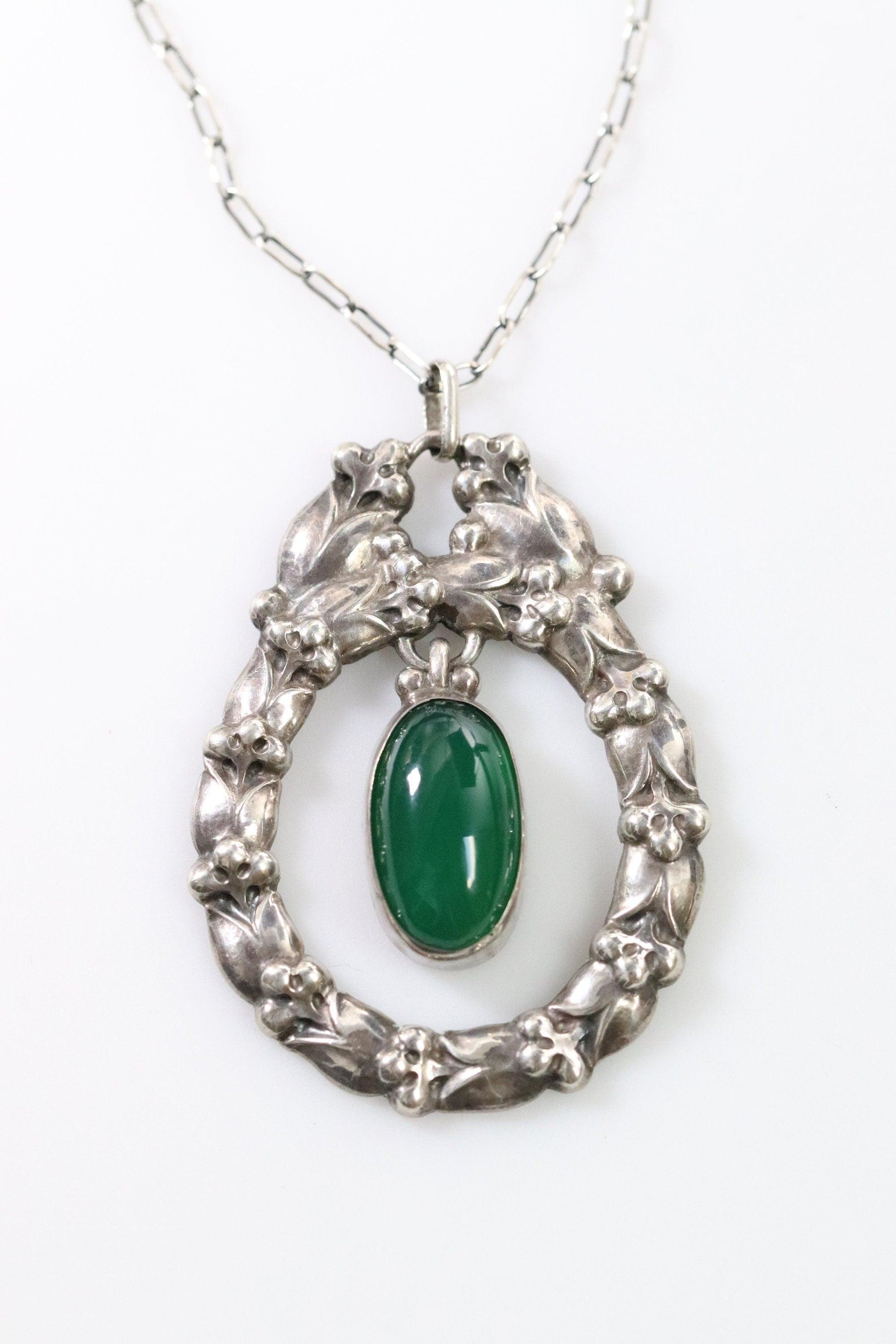 Georg Jensen Jewelry | Chrysoprase Art Nouveau Silver Vintage Necklace Pendant 20 - Carmel Fine Silver Jewelry