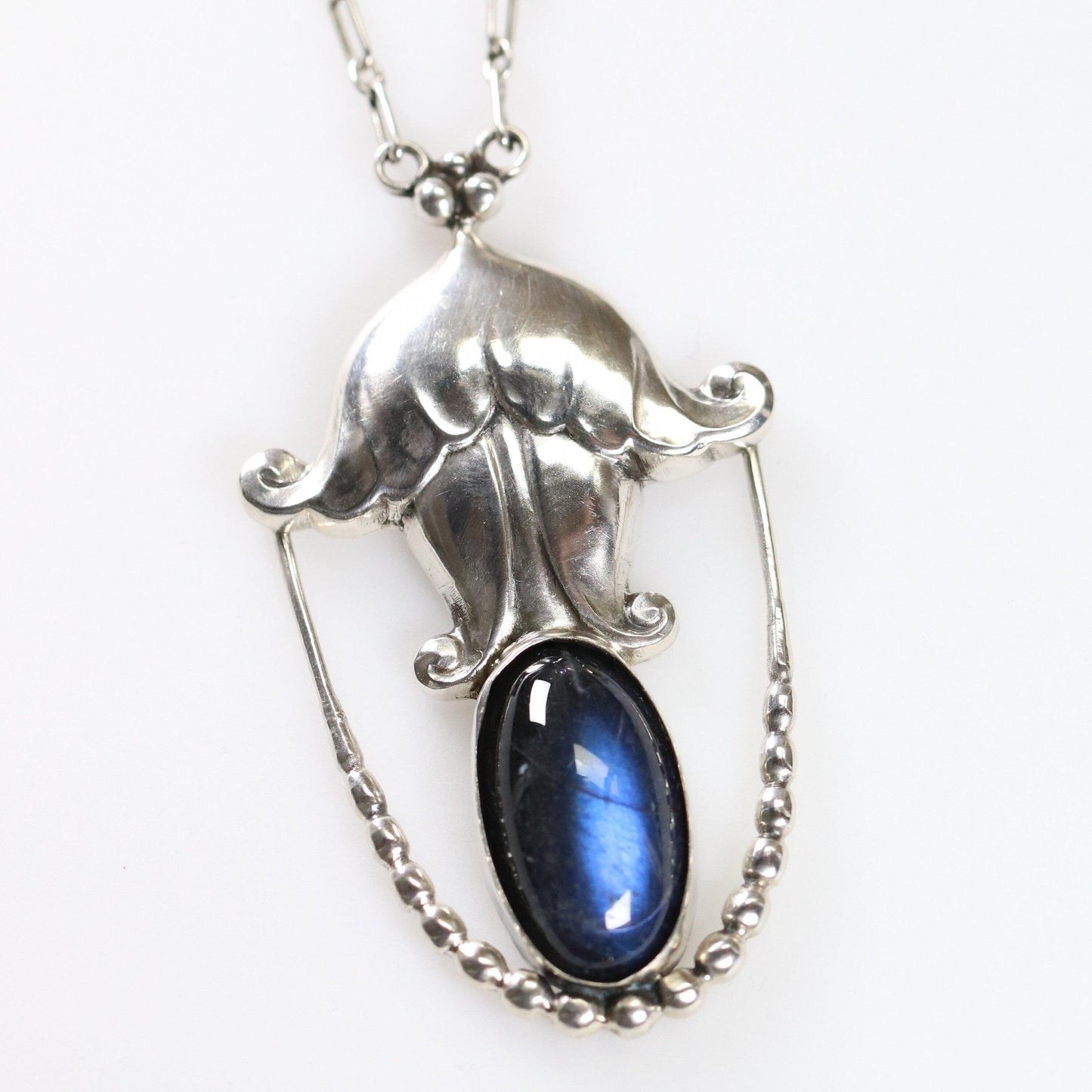 Georg Jensen Jewelry | Labradorite Art Nouveau Silver Vintage Necklace Pendant 42 - Carmel Fine Silver Jewelry