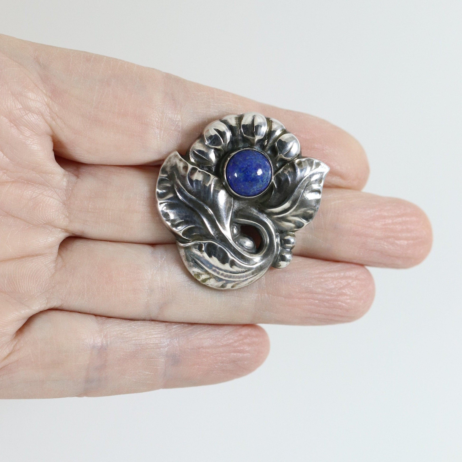 Georg Jensen Jewelry | Lapis Lazuli Floral Art Nouveau Silver Vintage Brooch 71 - Carmel Fine Silver Jewelry