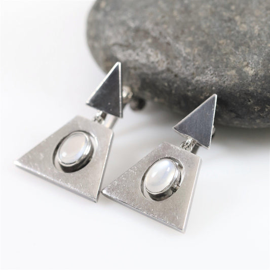 SOLD OUT: Antonio Pineda Earrings | Taxco Mid-Century Modernist Drop Moonstone | Vintage 970 Sterling Silver Mexico - Carmel FSJ